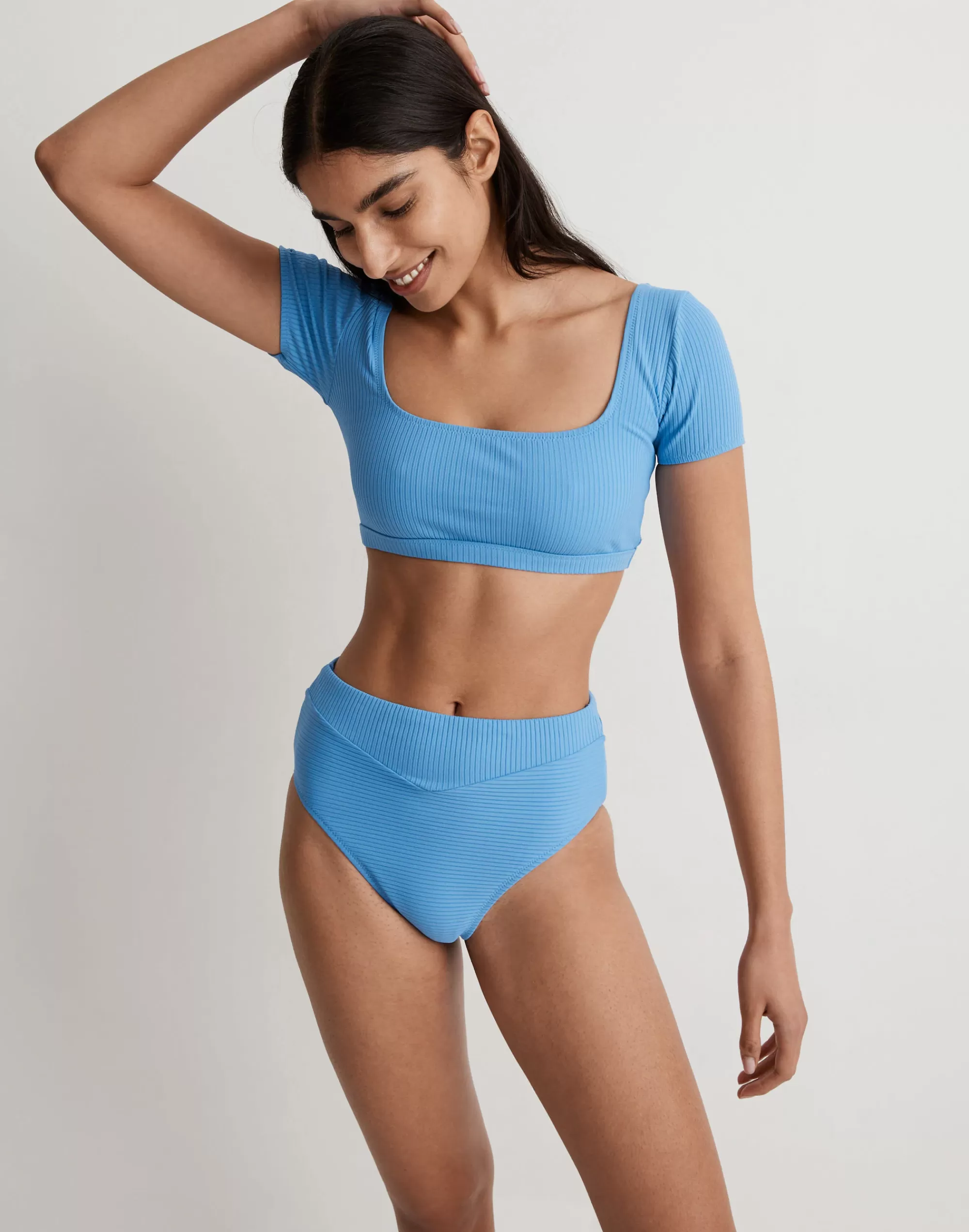 Madewell Swim>Ribbed Square-Neck Longline Bikini Top Oasis Blue