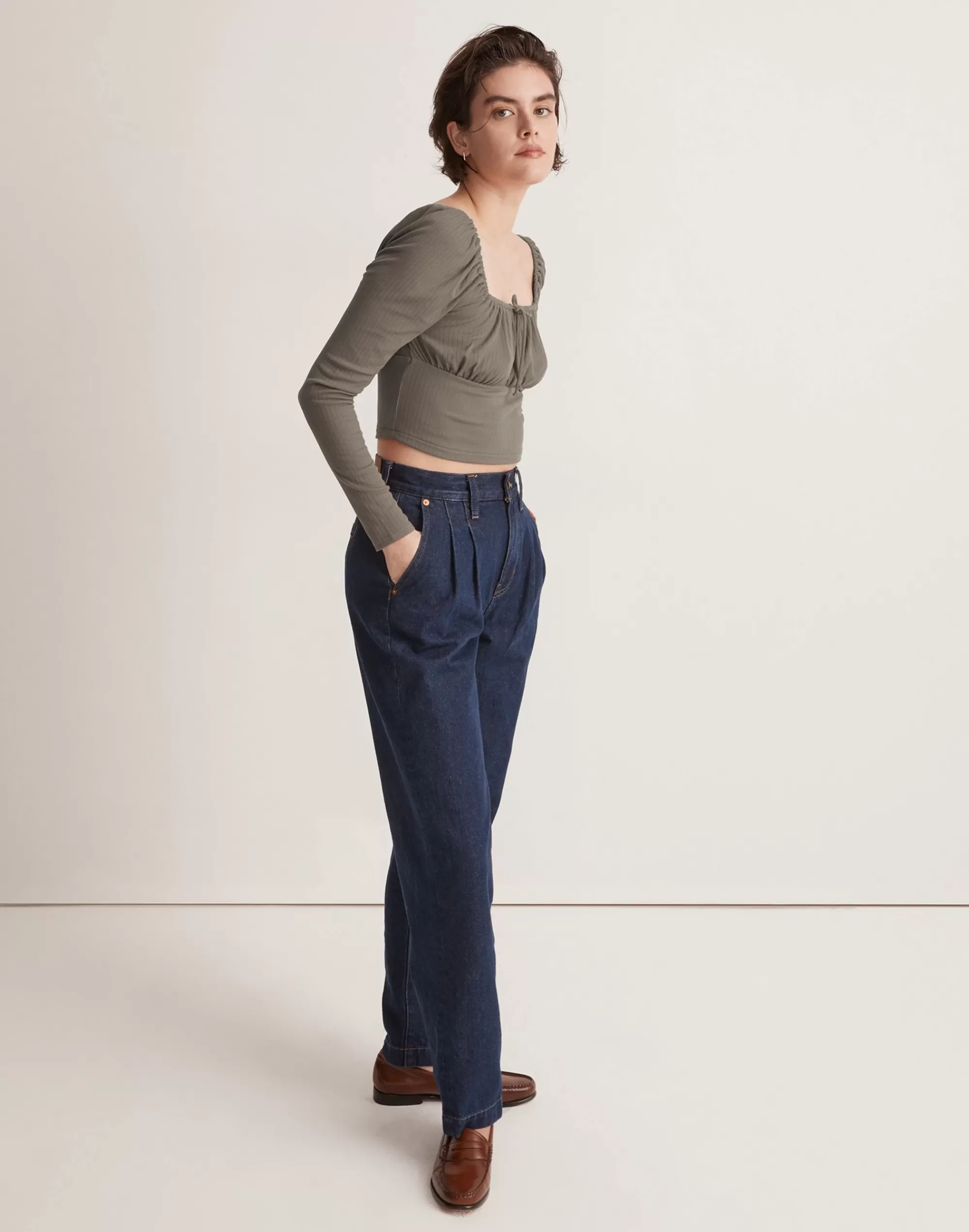 Madewell Tees>Ribbed Square-Neck Long-Sleeve Top Light Umber