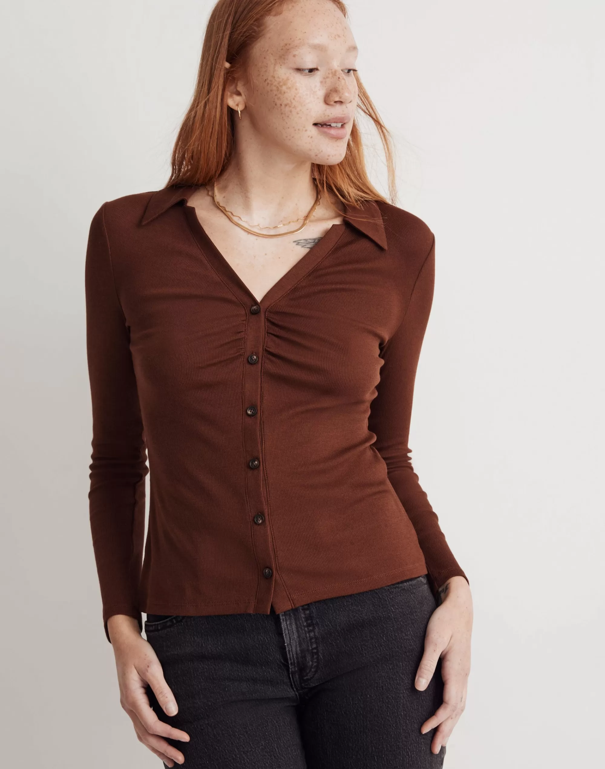 Madewell Tees>Ruched Polo Cardigan Soft Mahogany