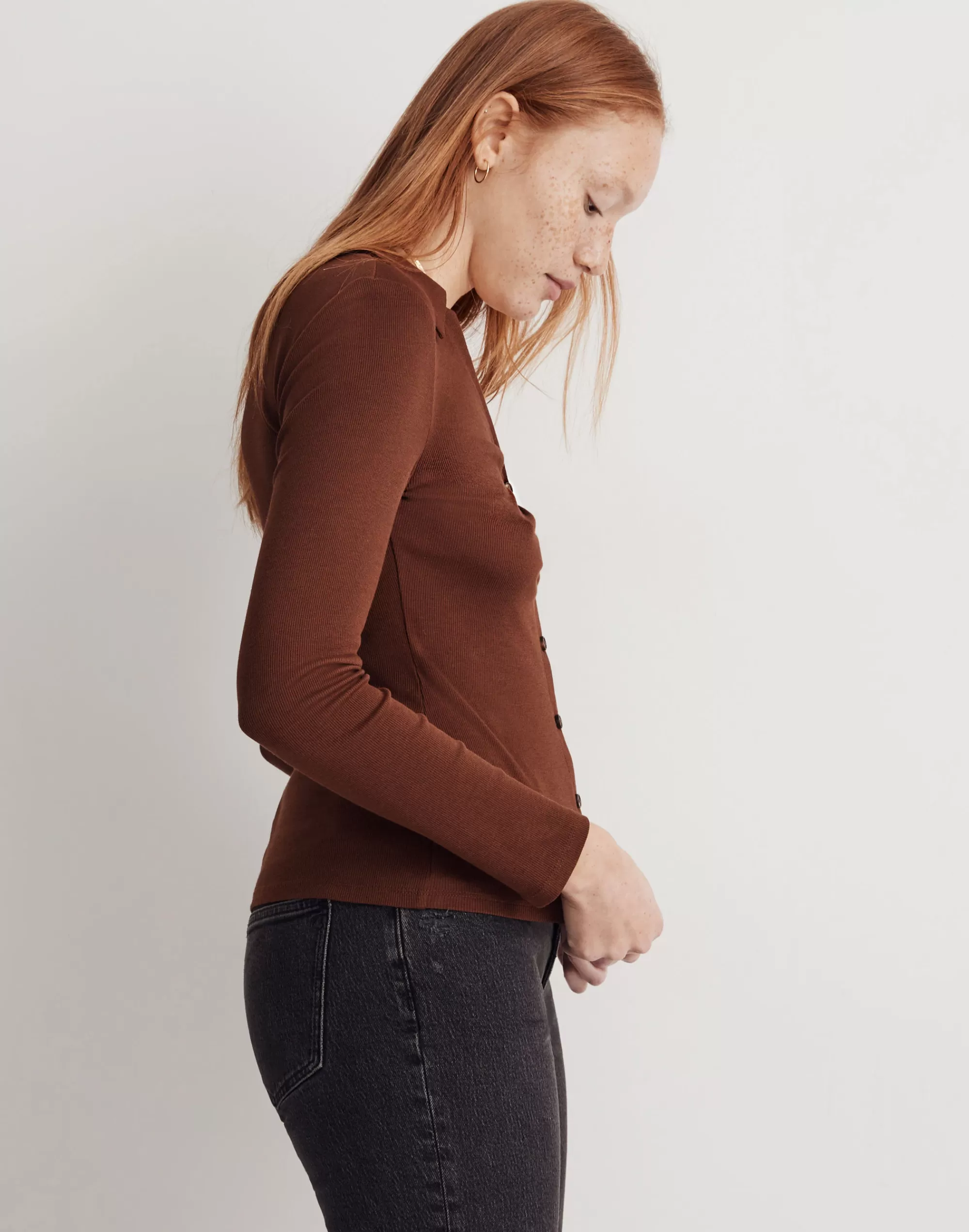 Madewell Tees>Ruched Polo Cardigan Soft Mahogany