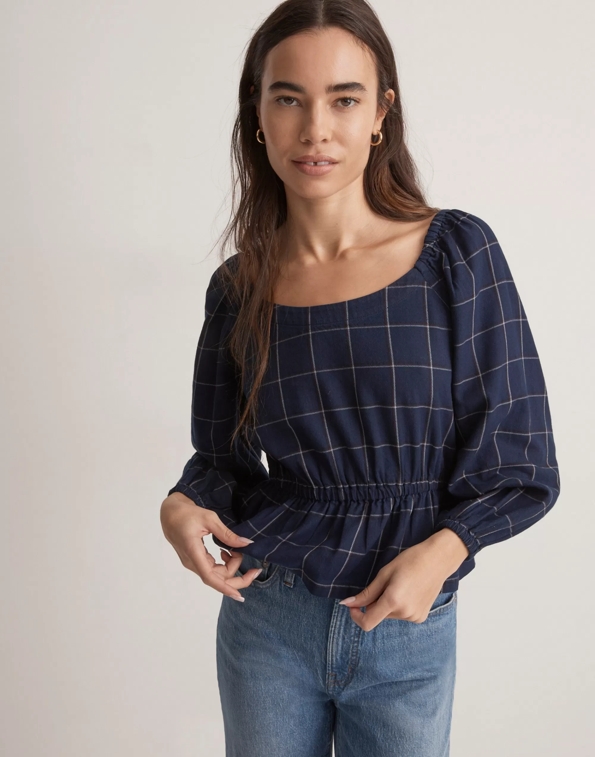 Madewell Tops & Shirts>Scoopneck Peplum Top In Windowpane Quinn Windowpane