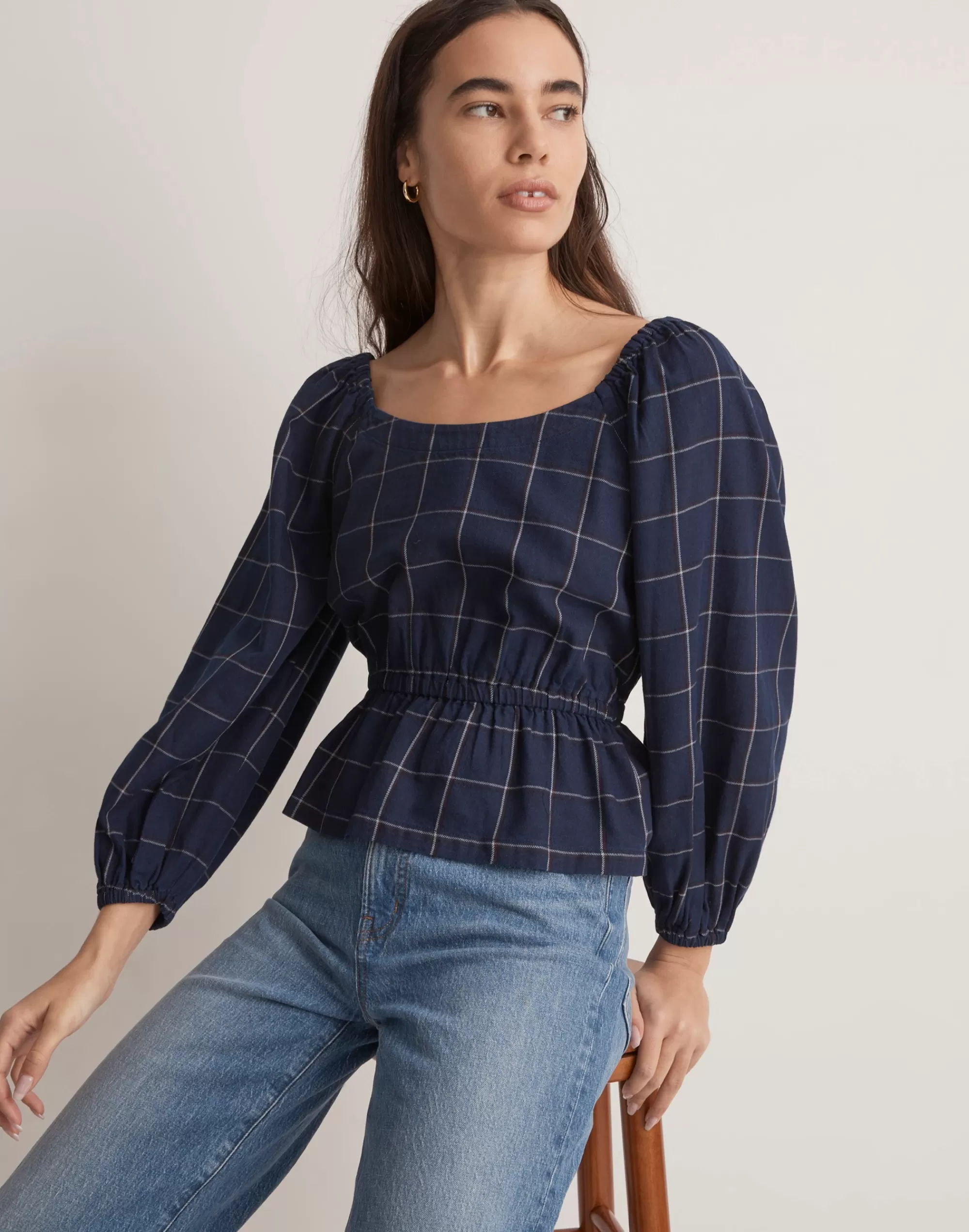 Madewell Tops & Shirts>Scoopneck Peplum Top In Windowpane Quinn Windowpane