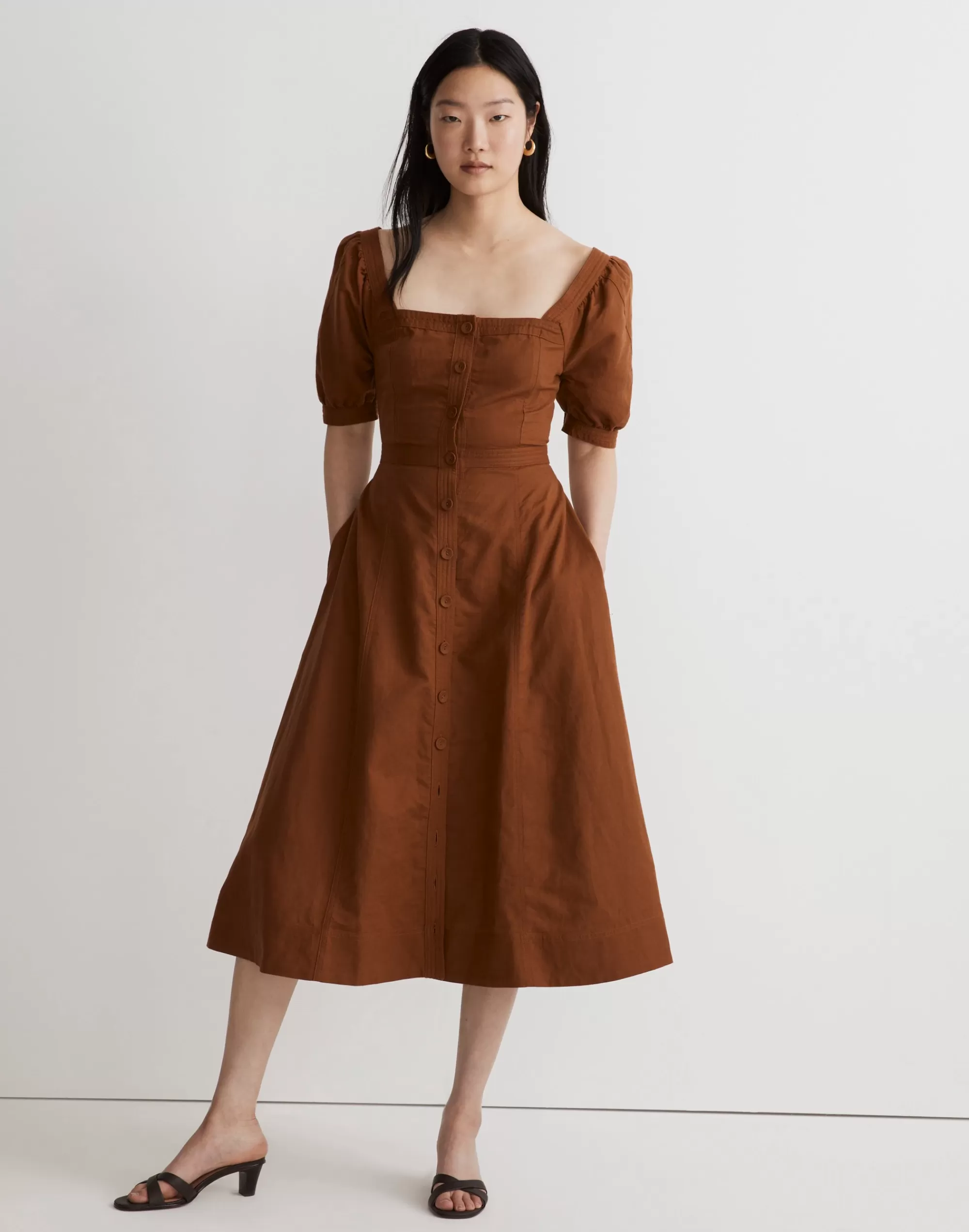 Madewell Dresses>Seamed Puff-Sleeve Midi Dress Warm Coffee