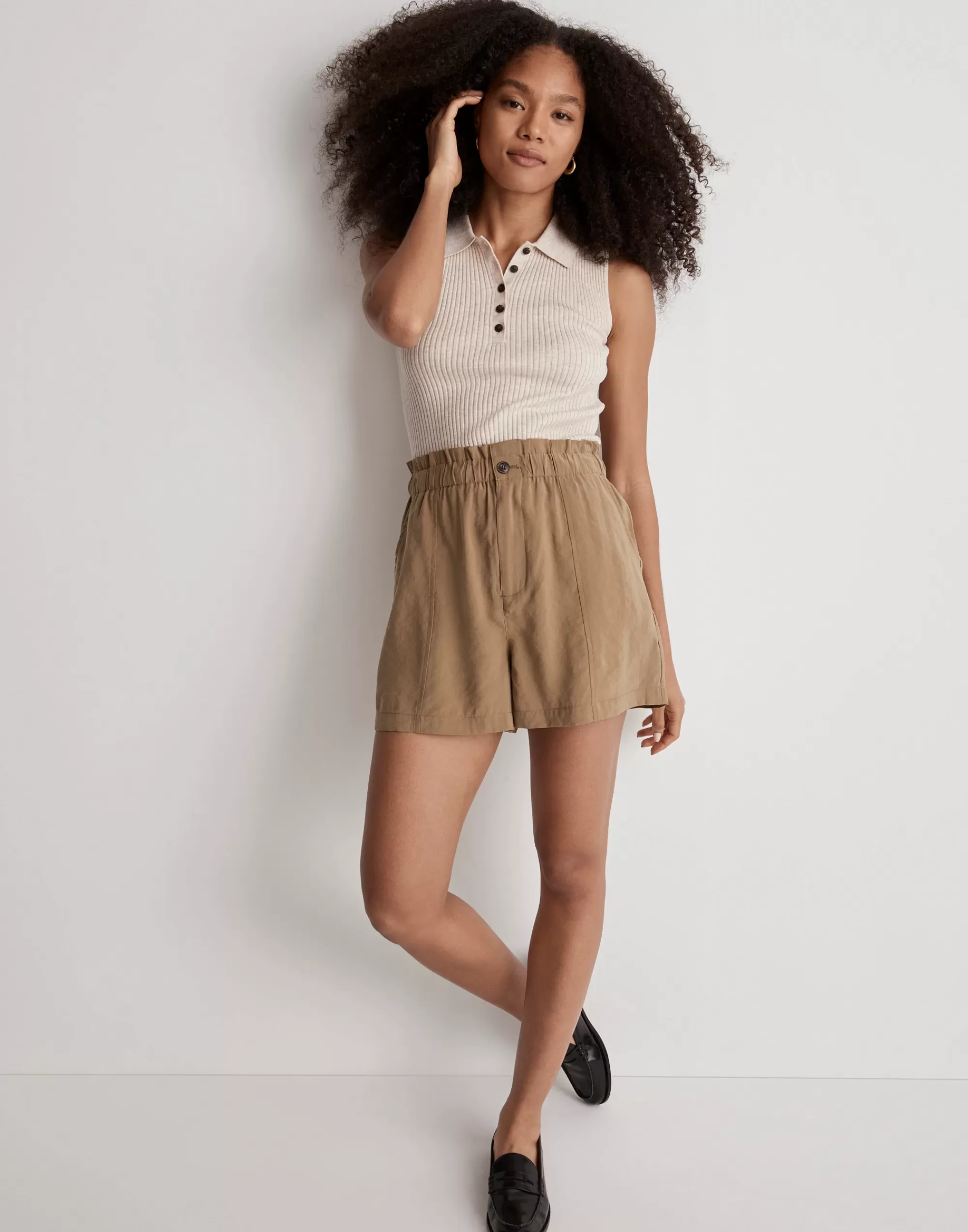 Madewell Shorts>Seamed Pull-On Paperbag Shorts In Softdrape Tawny Olive