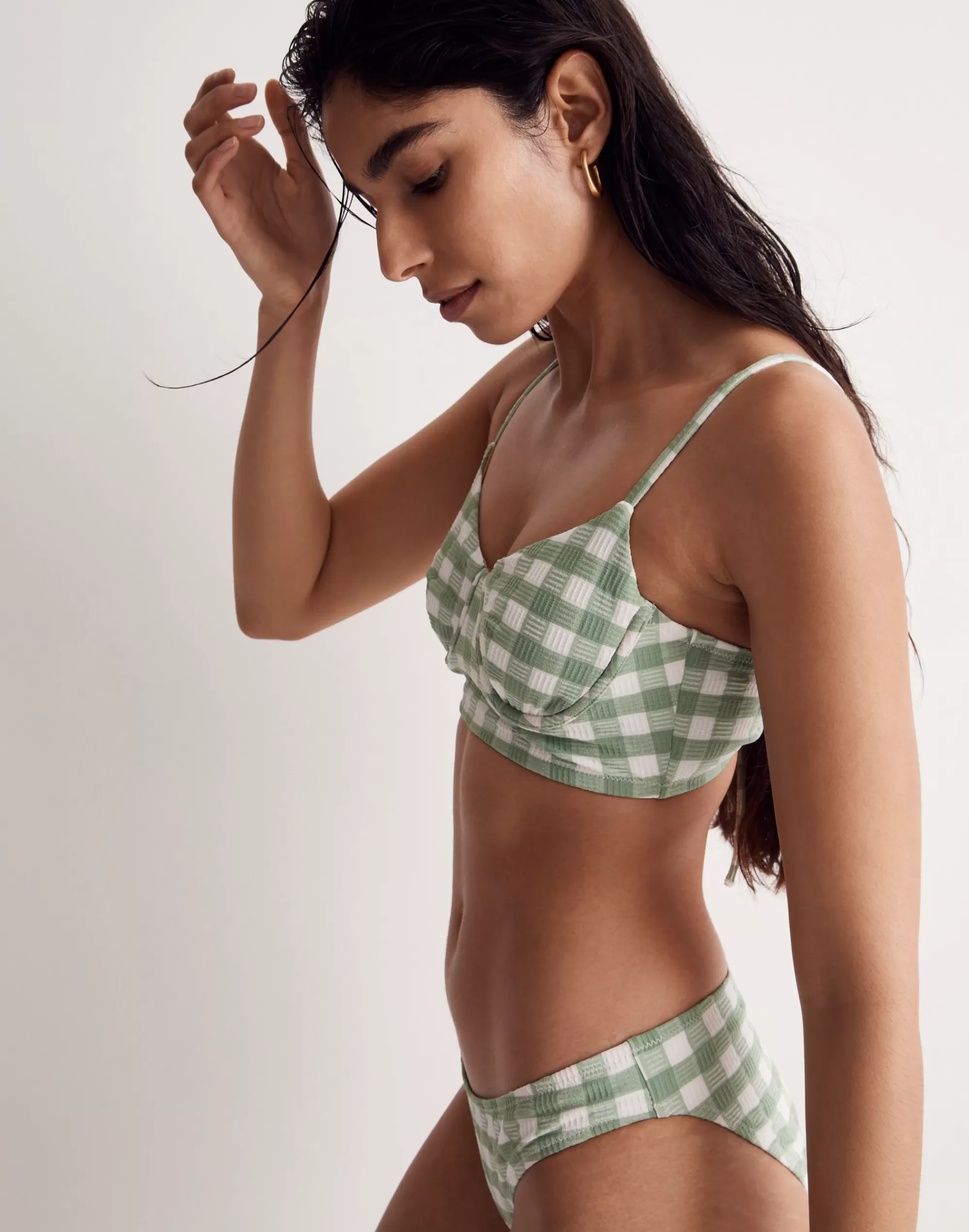 Madewell Swim>Second Wave Retro Longline Underwire Bikini Top In Check Gatehouse Green