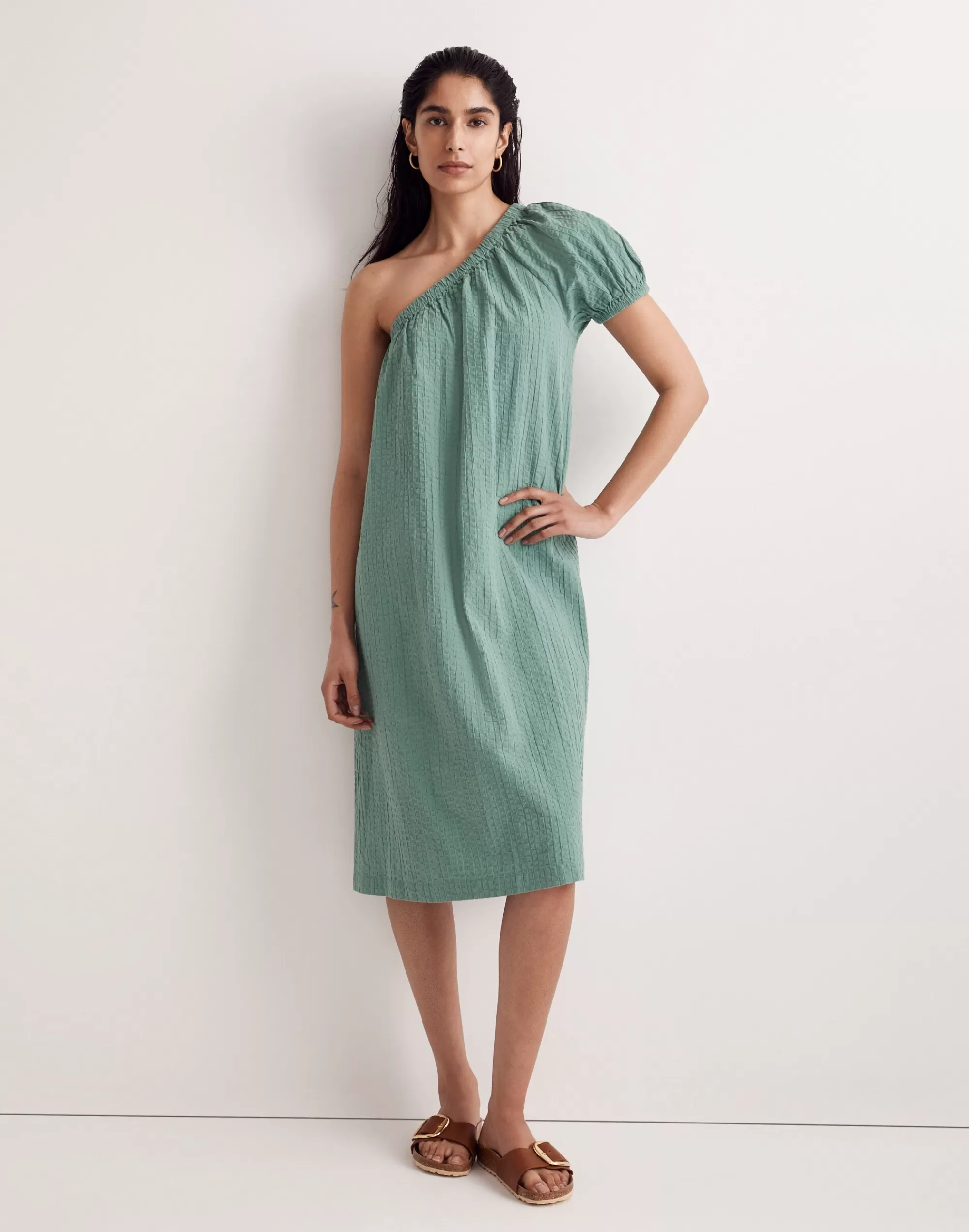 Madewell Dresses>Seersucker One-Shoulder Puff-Sleeve Midi Dress Trellis Green