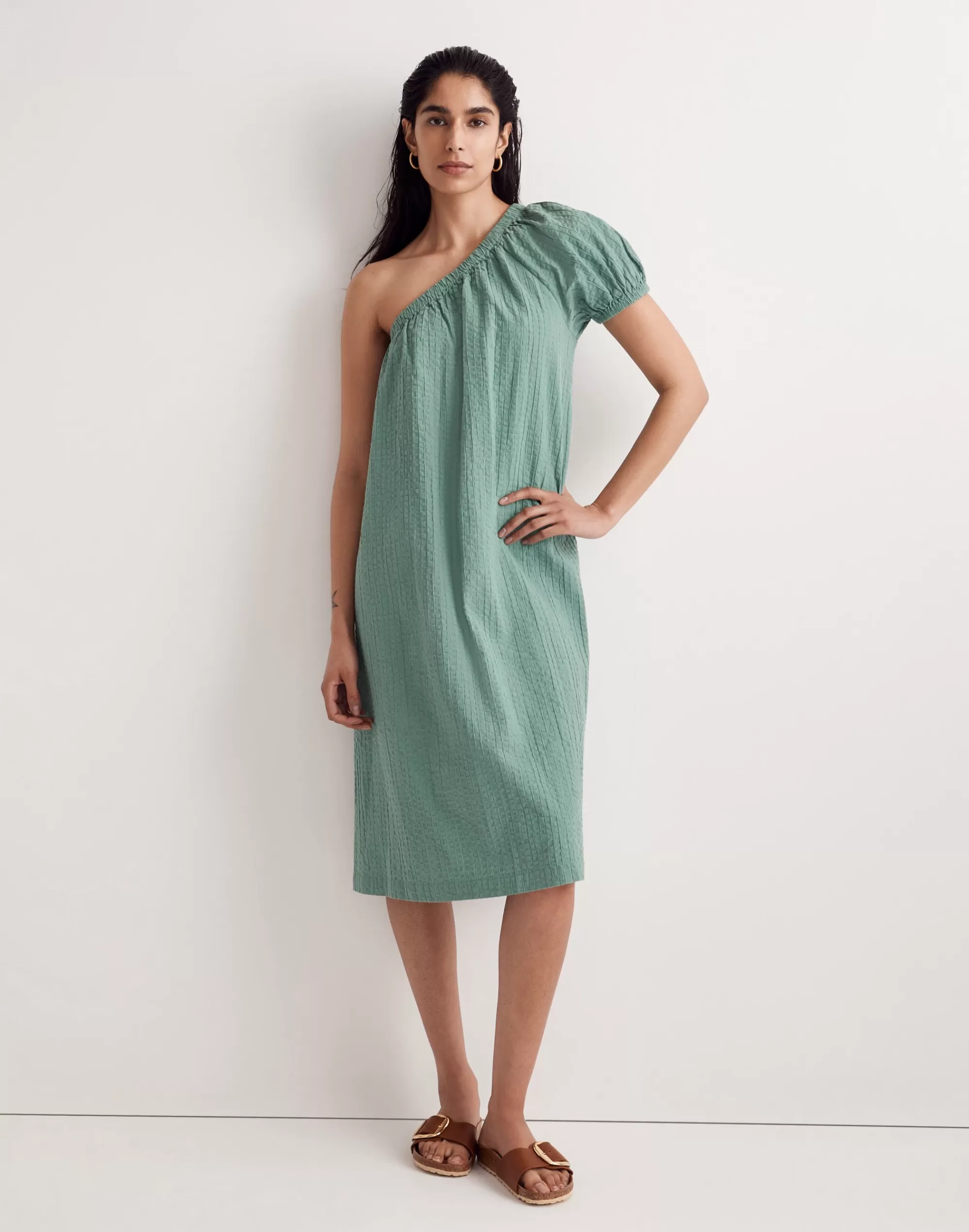 Madewell Swim>Seersucker One-Shoulder Puff-Sleeve Midi Dress Trellis Green