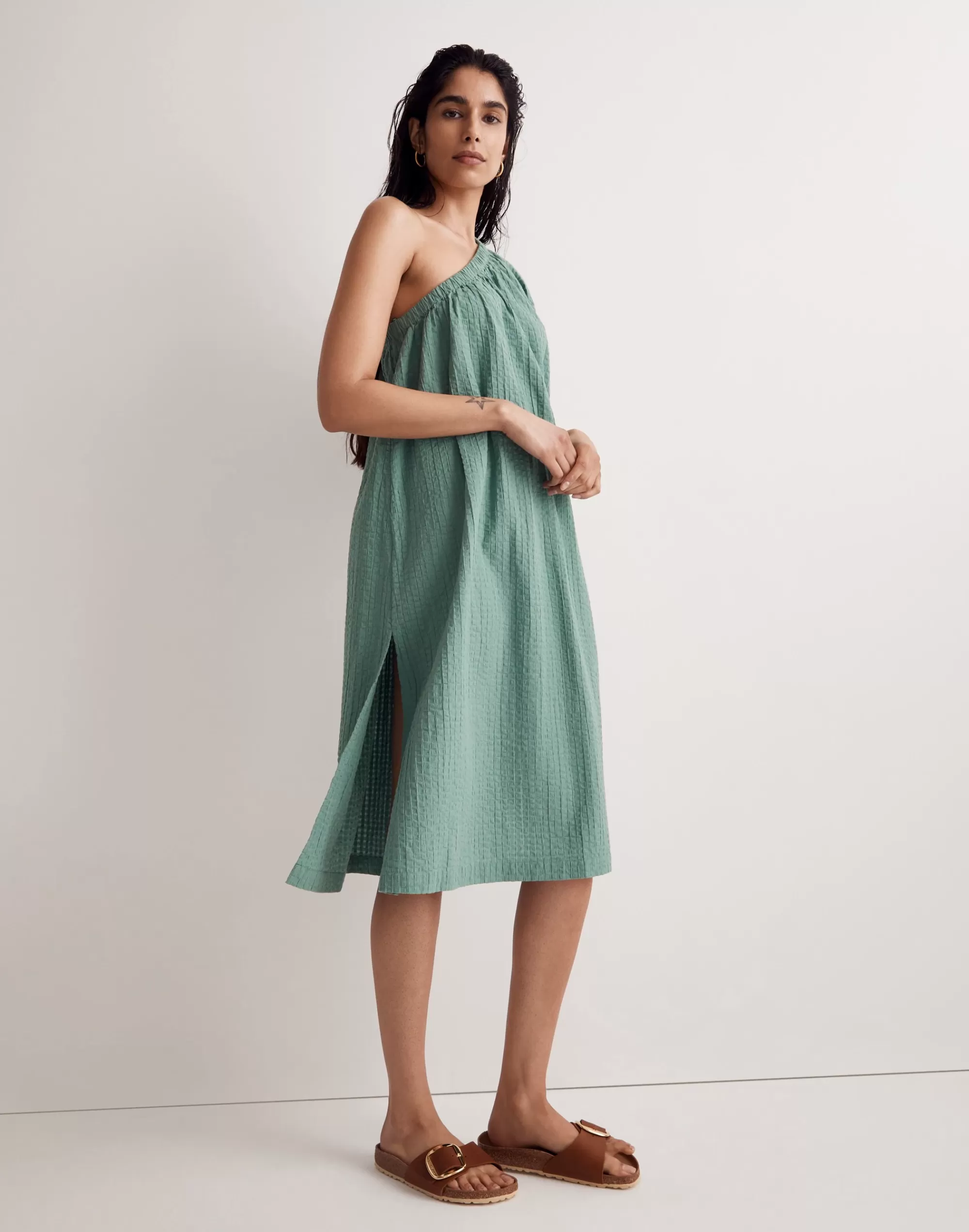 Madewell Swim>Seersucker One-Shoulder Puff-Sleeve Midi Dress Trellis Green