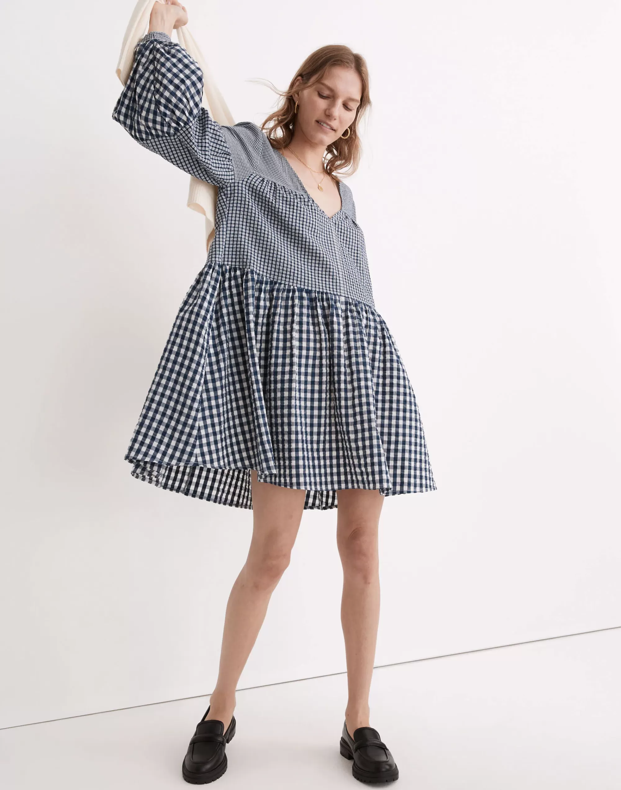 Madewell Dresses>Seersucker V-Neck Mini Dress In Gingham Check True Indigo