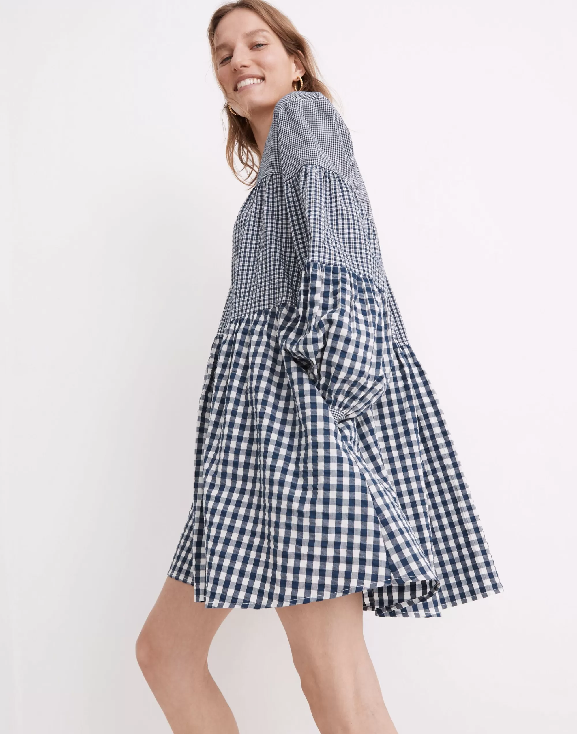 Madewell Dresses>Seersucker V-Neck Mini Dress In Gingham Check True Indigo