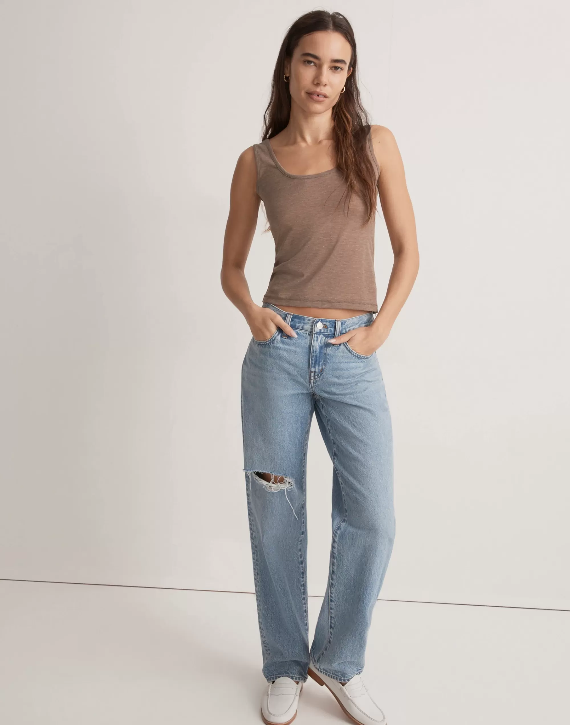 Madewell Tees>Sheer Ribbed Scoopneck Tank Top Hthr Flax