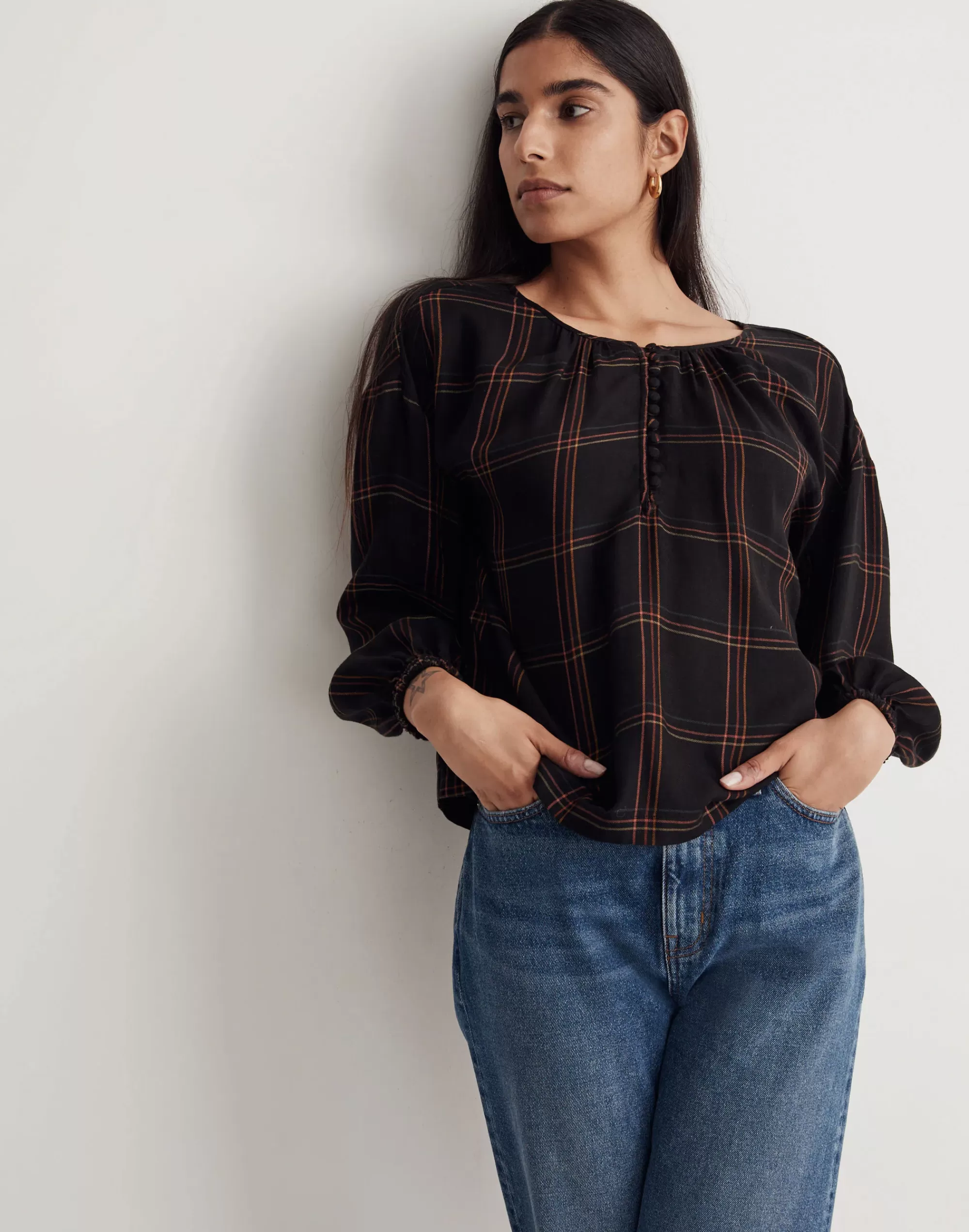 Madewell Tees>Shirred Peasant Top In Windowpane True Black