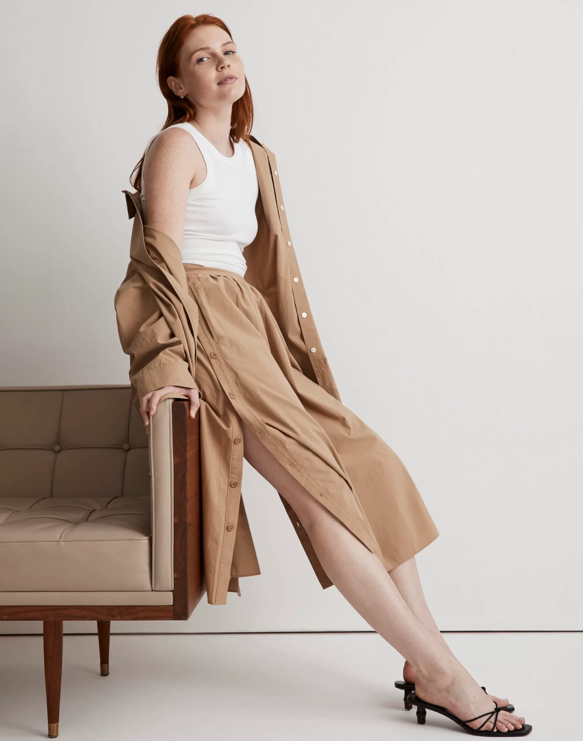 Madewell Skirts>Signature Poplin Side-Button Midi Skirt Seed Khaki