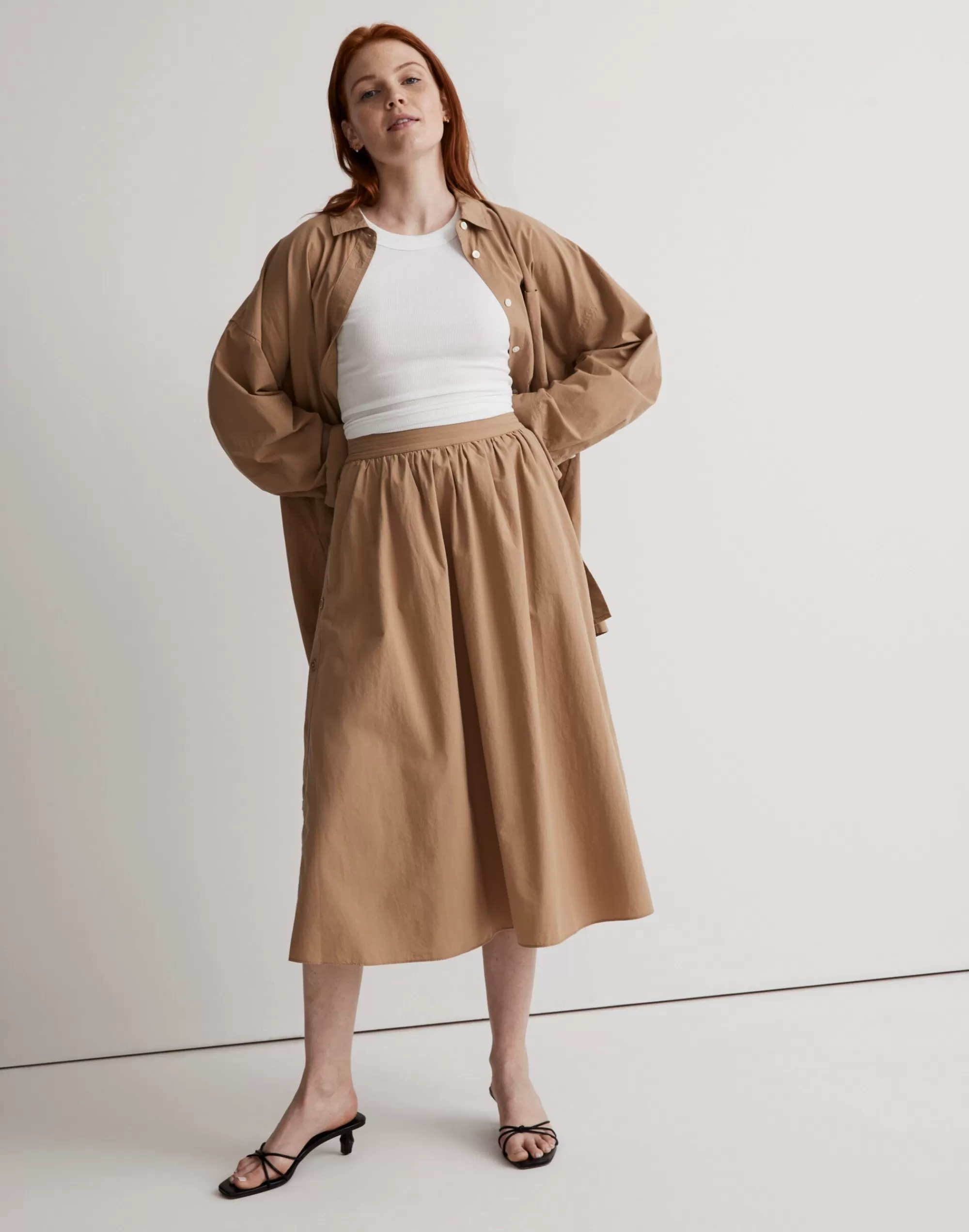 Madewell Skirts>Signature Poplin Side-Button Midi Skirt Seed Khaki