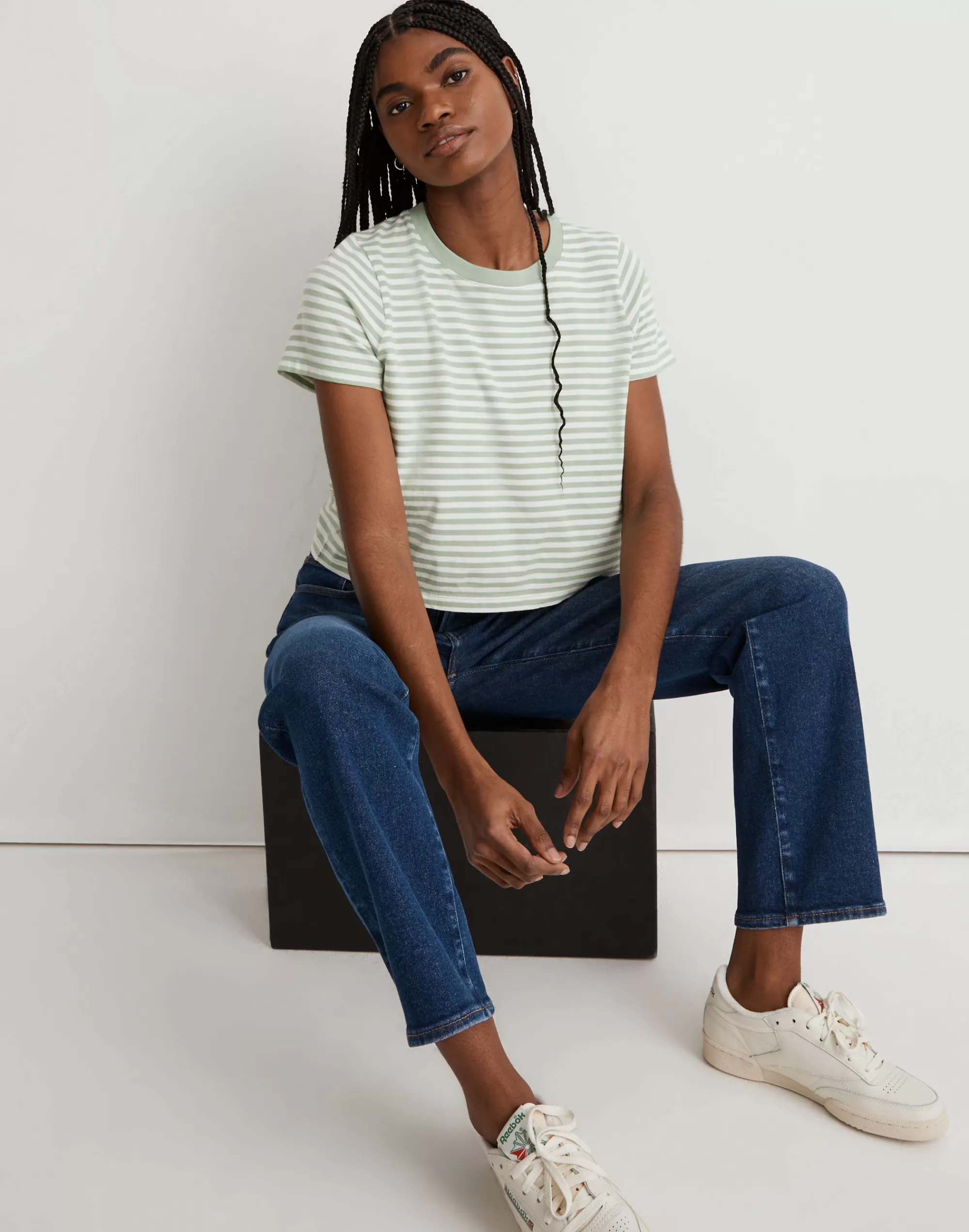 Madewell Tees>Softfade Cotton Boxy-Crop Tee In Stripe Gatehouse Green