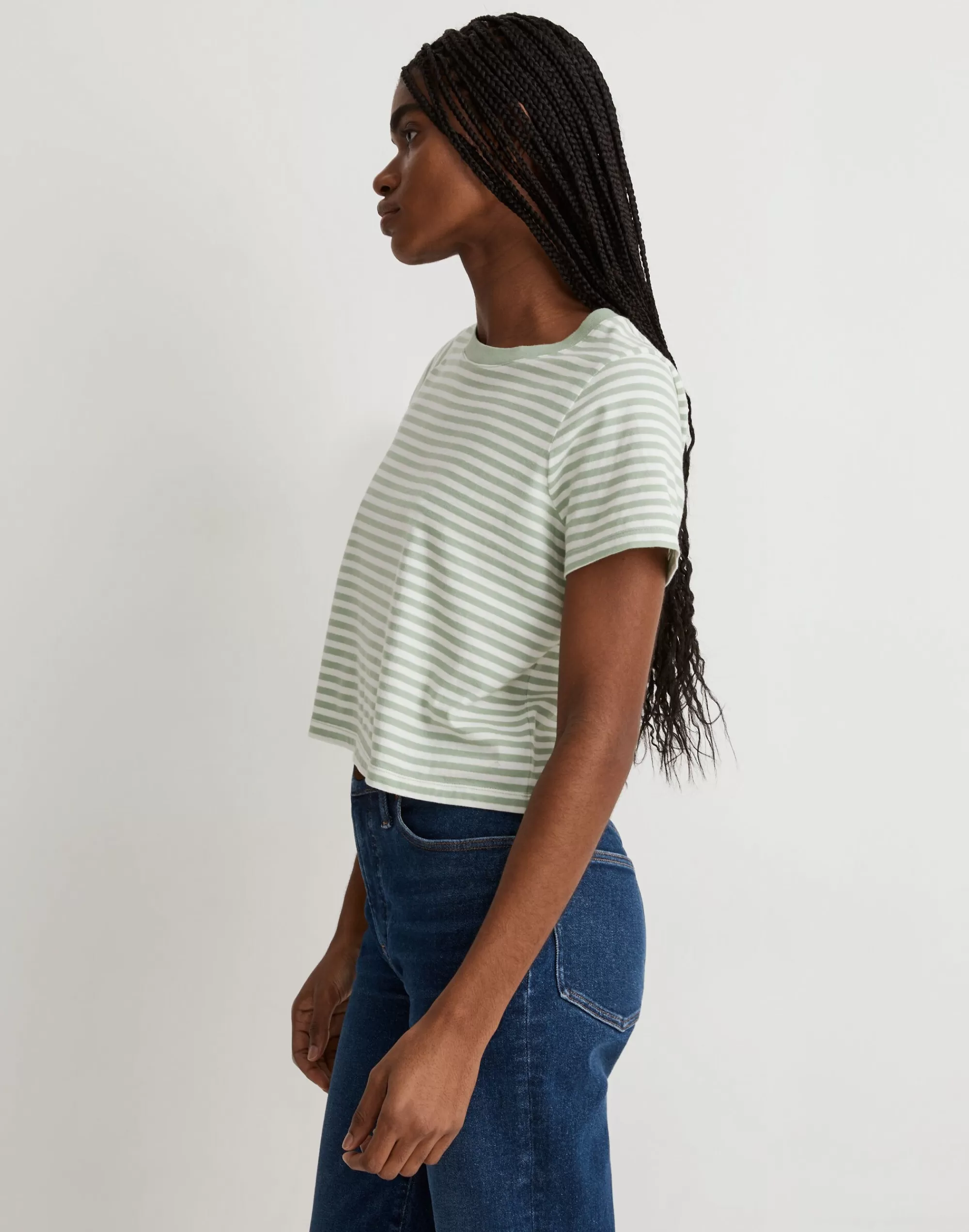 Madewell Tees>Softfade Cotton Boxy-Crop Tee In Stripe Gatehouse Green