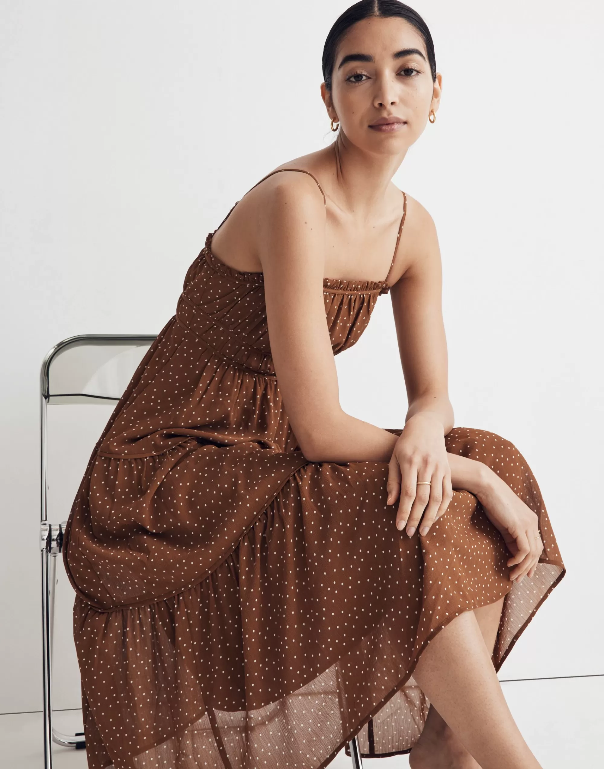 Madewell Dresses>Sophia Cami Tiered Midi Dress In Dot Sepia