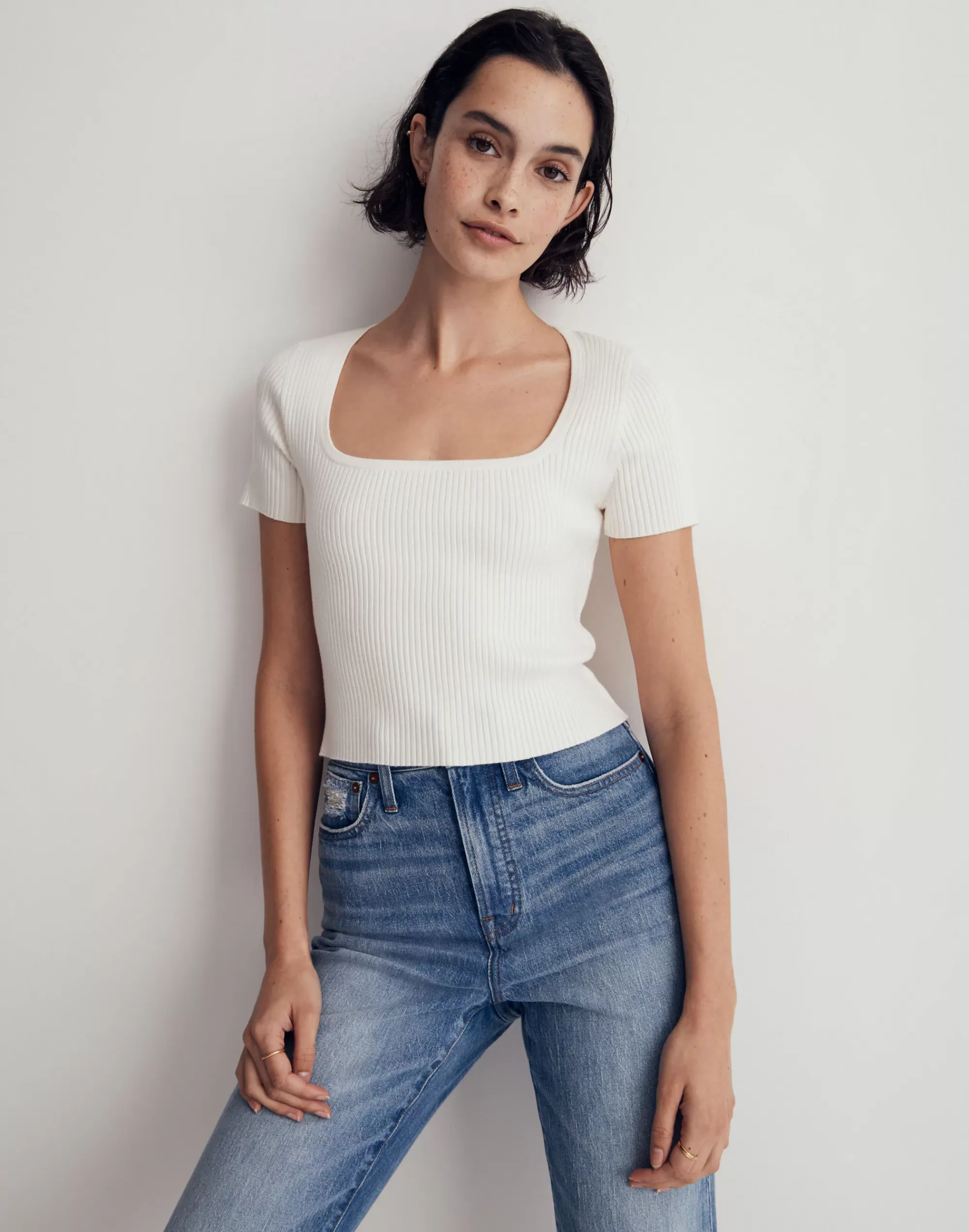 Madewell Tees>Square-Neck Crop Sweater Tee Simply White