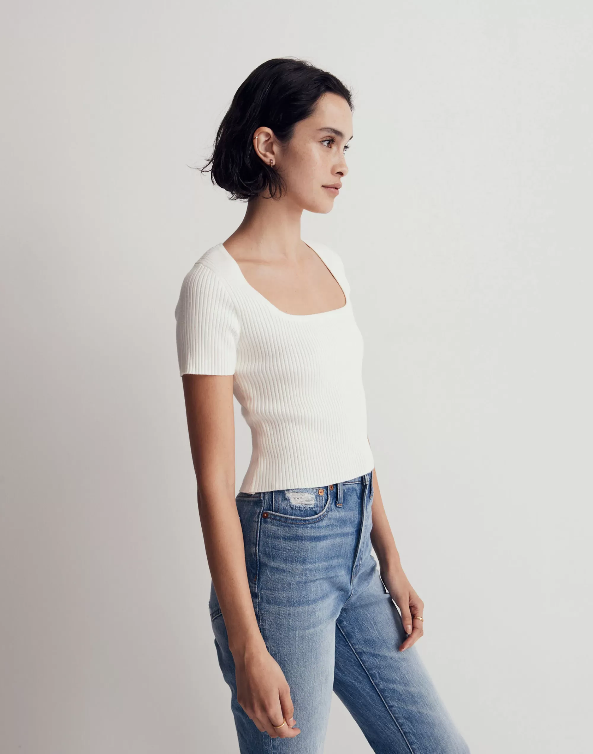 Madewell Tees>Square-Neck Crop Sweater Tee Simply White