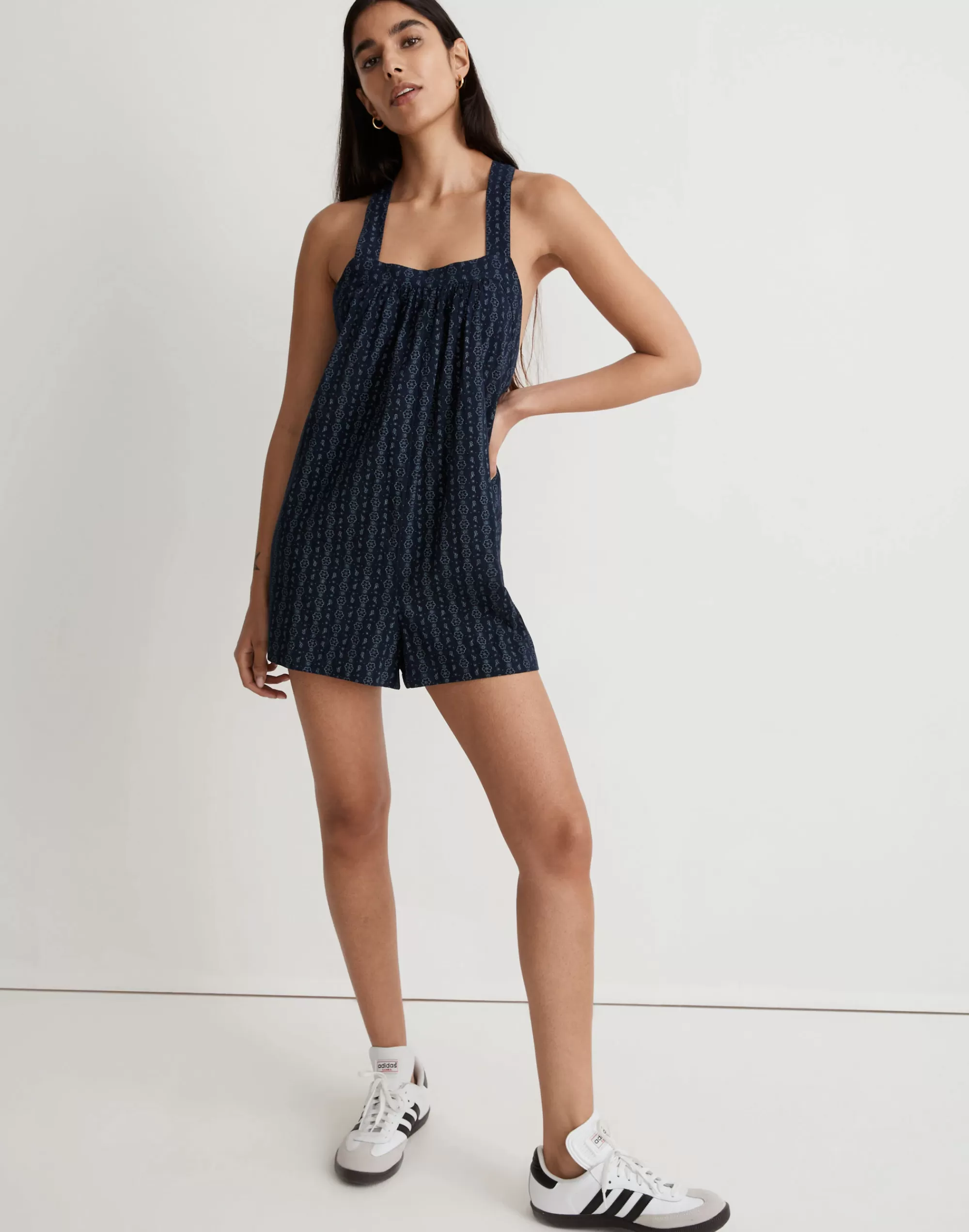 Madewell Dresses>Square-Neck Crossback Romper In Striped Floral Juniper Berry