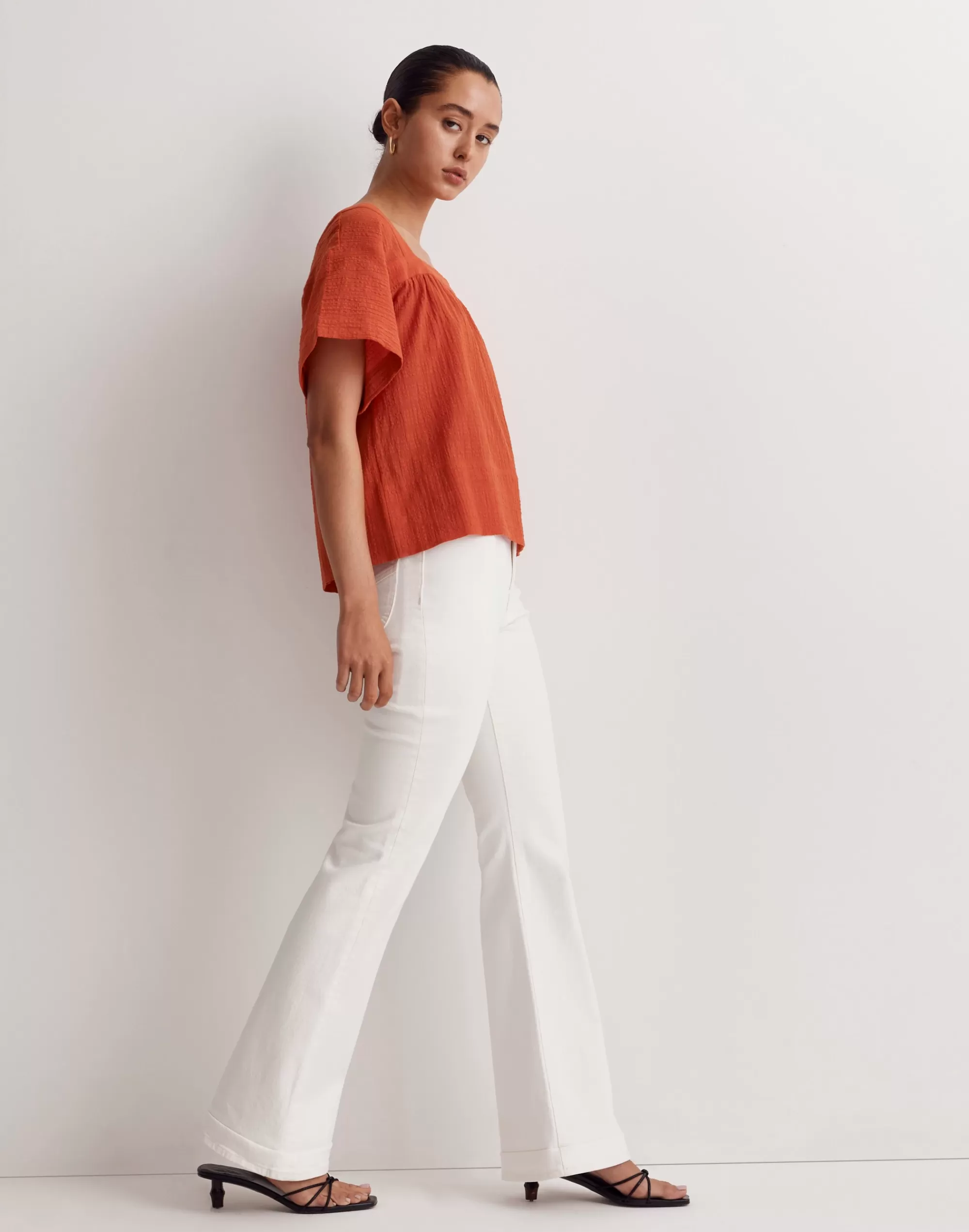 Madewell Tops & Shirts>Square-Neck Short-Sleeve Popover Top In Windowpane Roasted Squash