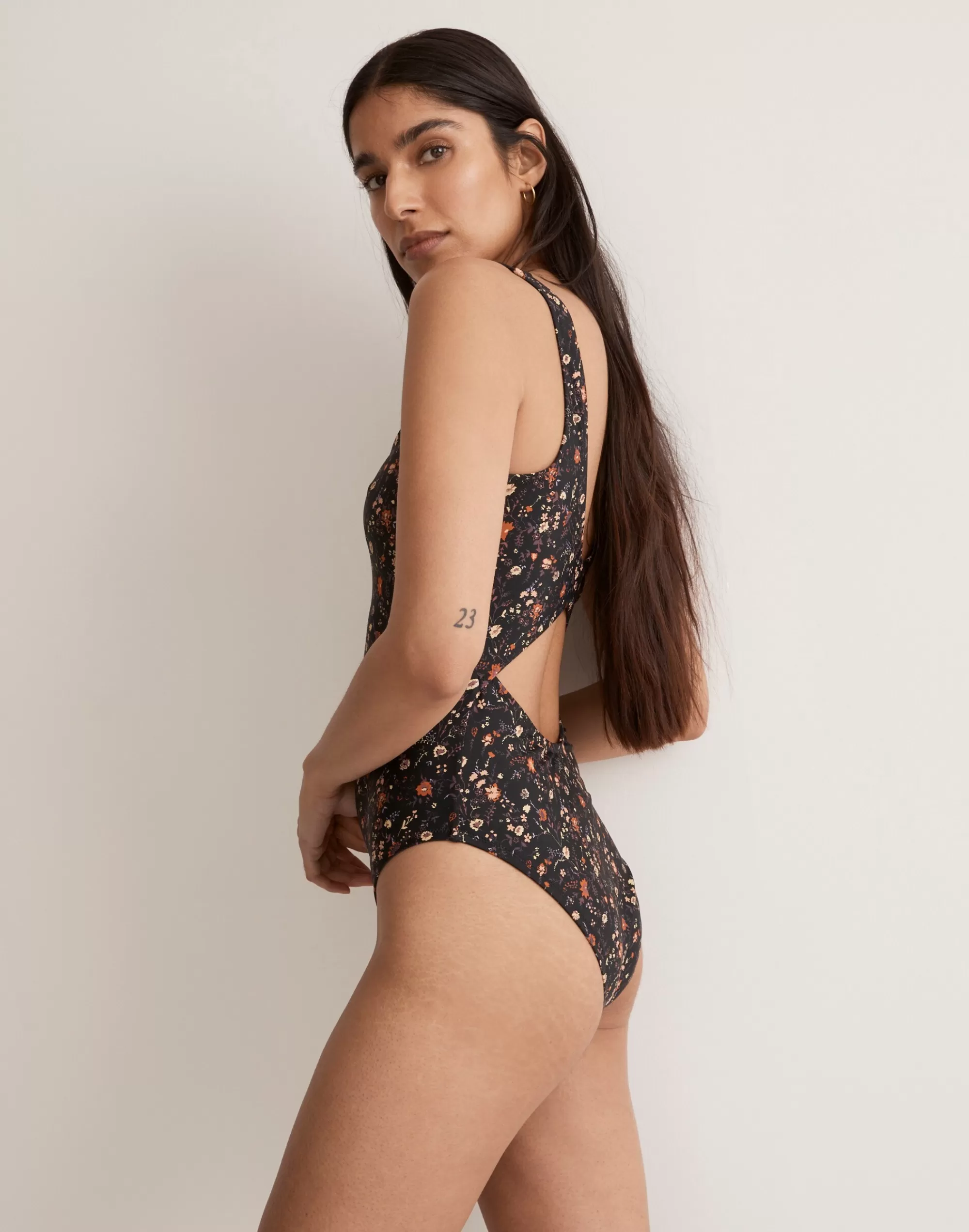 Madewell Swim>Square-Neck Tank One-Piece Swimsuit In Free Floral True Black