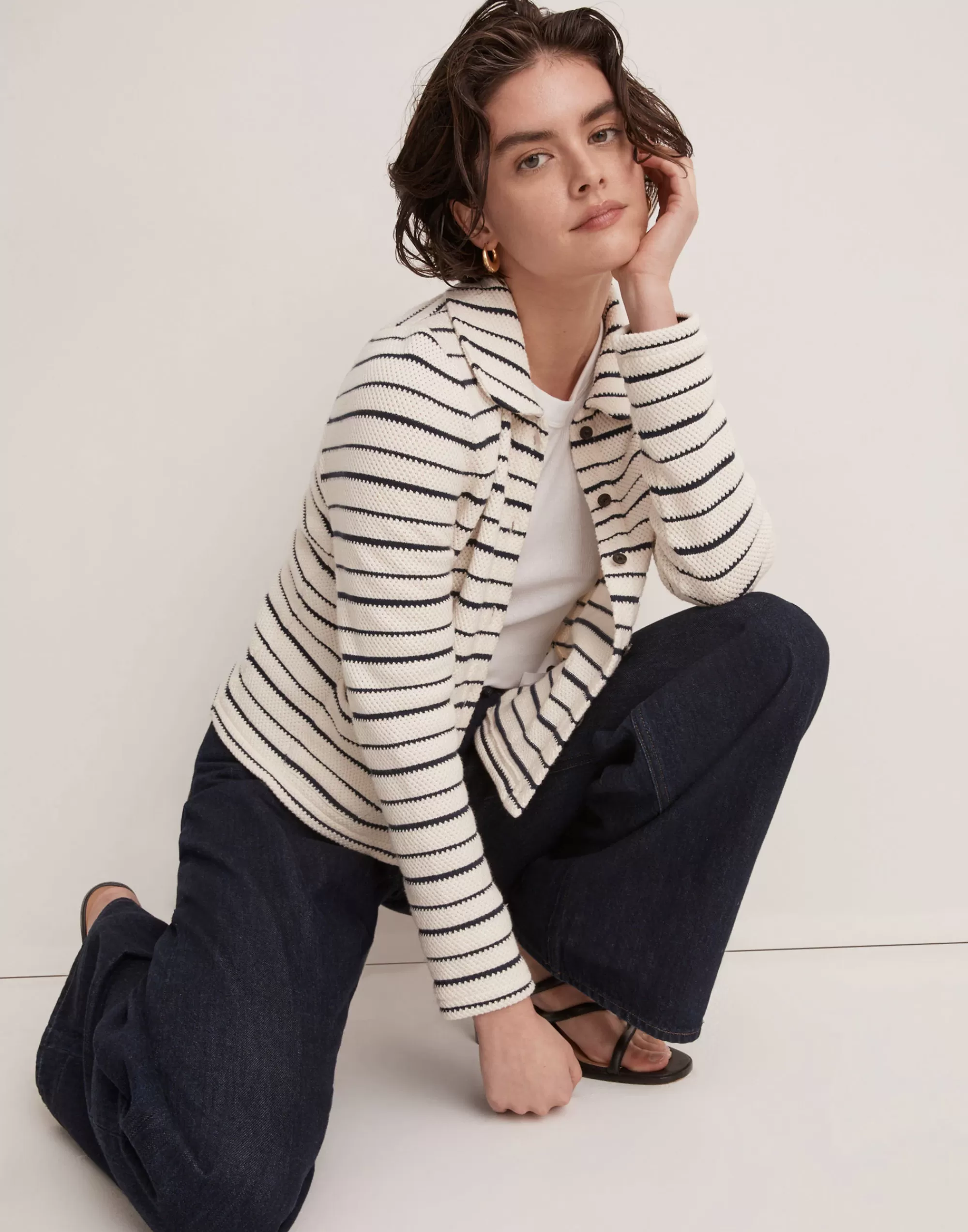 Madewell Tees>Striped Button-Front Collared Cardigan Antique Cream