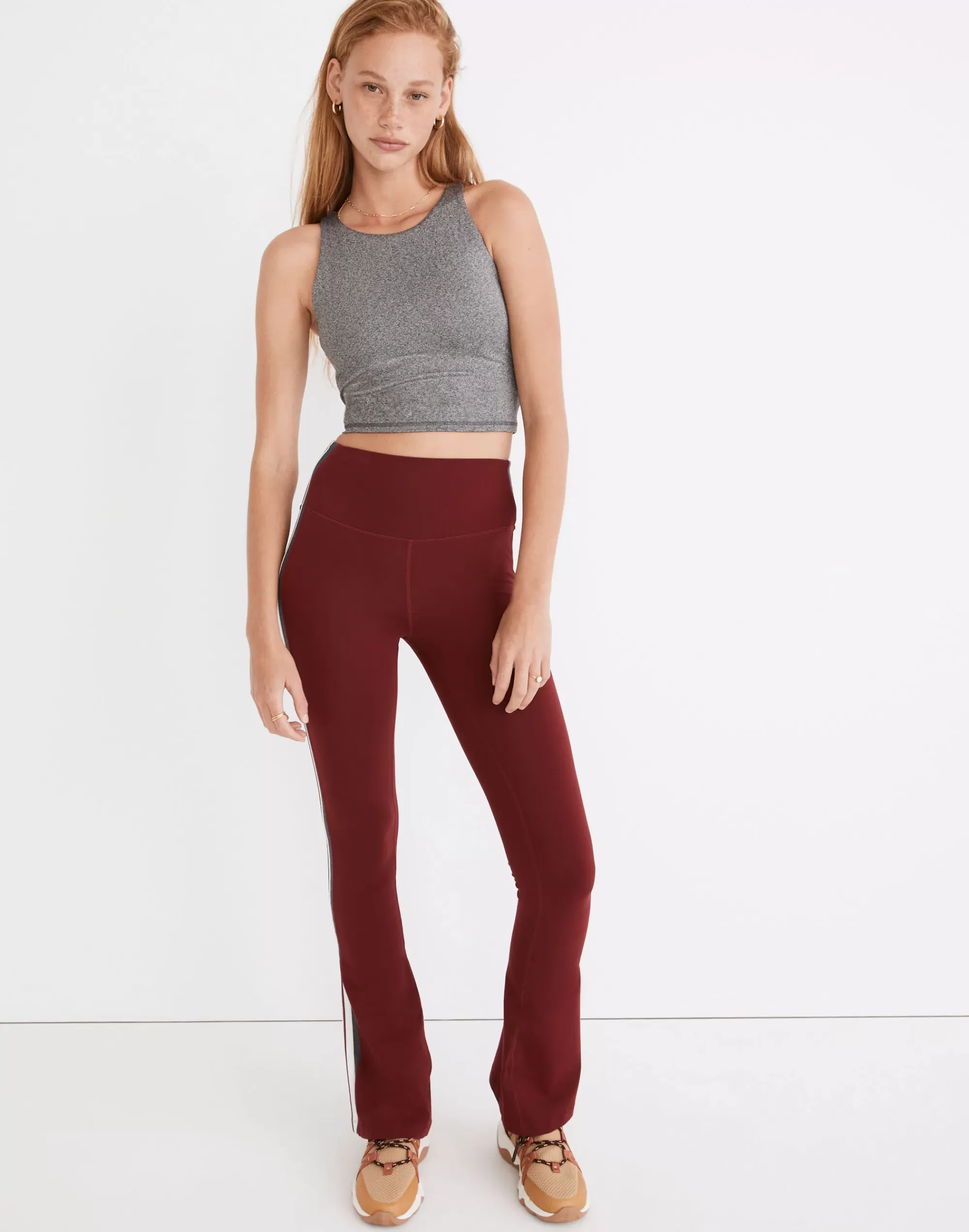 Madewell Activewear>Striped Supplex Raquel High-Waist Flare Leggings Bordeaux/Heather Grey/White