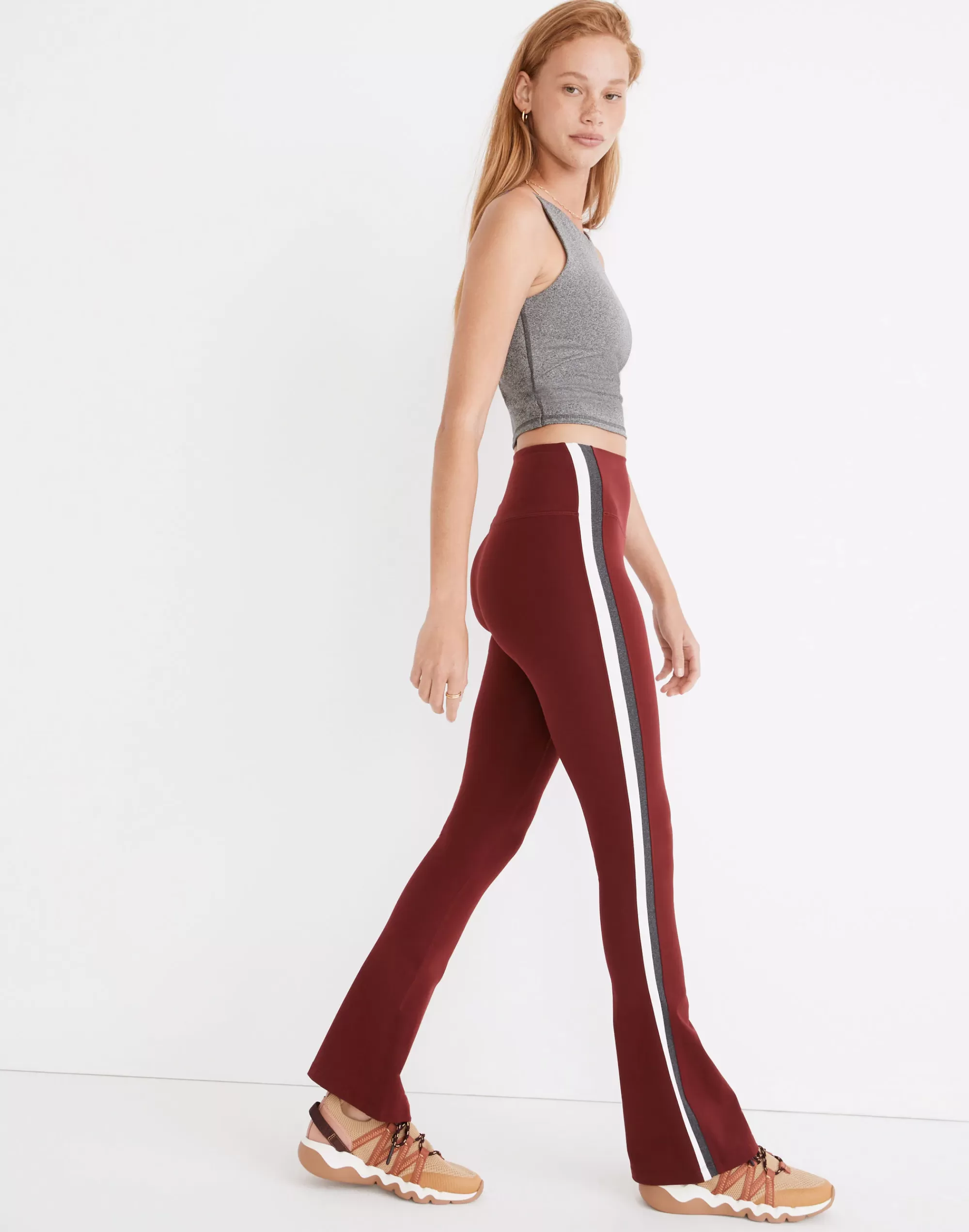 Madewell Activewear>Striped Supplex Raquel High-Waist Flare Leggings Bordeaux/Heather Grey/White