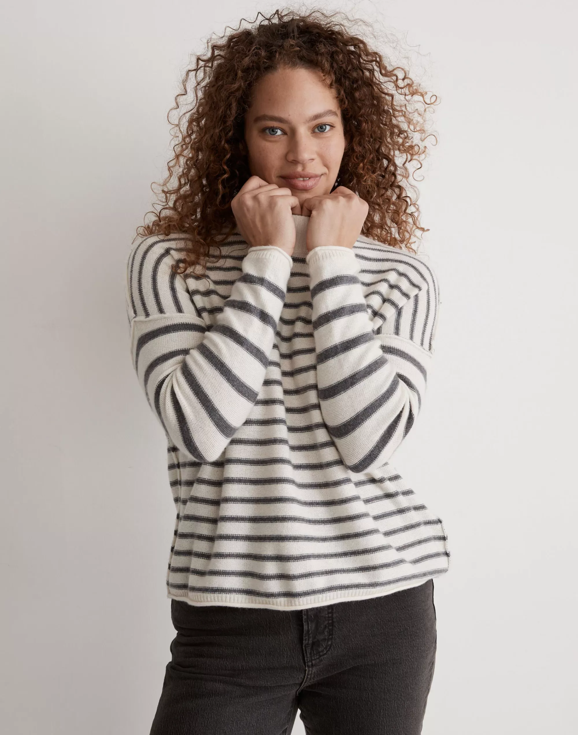 Madewell Sweaters>Stripe-Play Mockneck Pullover Sweater Antique Cream