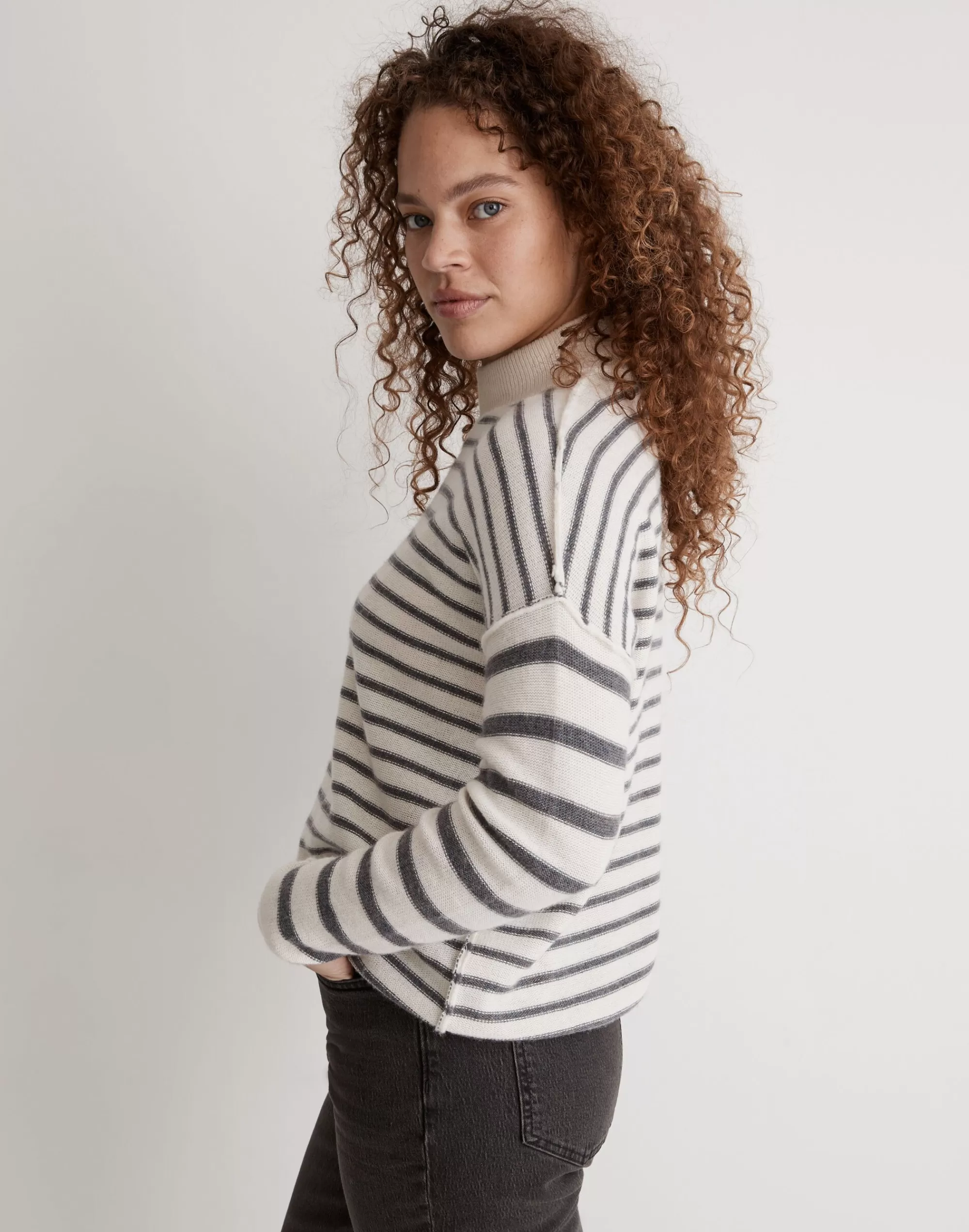 Madewell Sweaters>Stripe-Play Mockneck Pullover Sweater Antique Cream