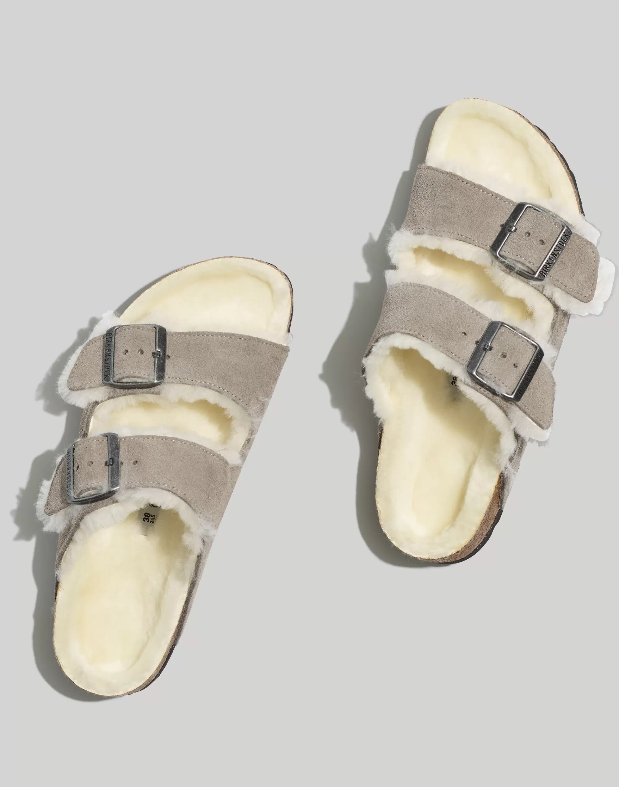 Madewell Flats>Suede Arizona Sandals In Shearling Stone Coin Suede/ Shearing