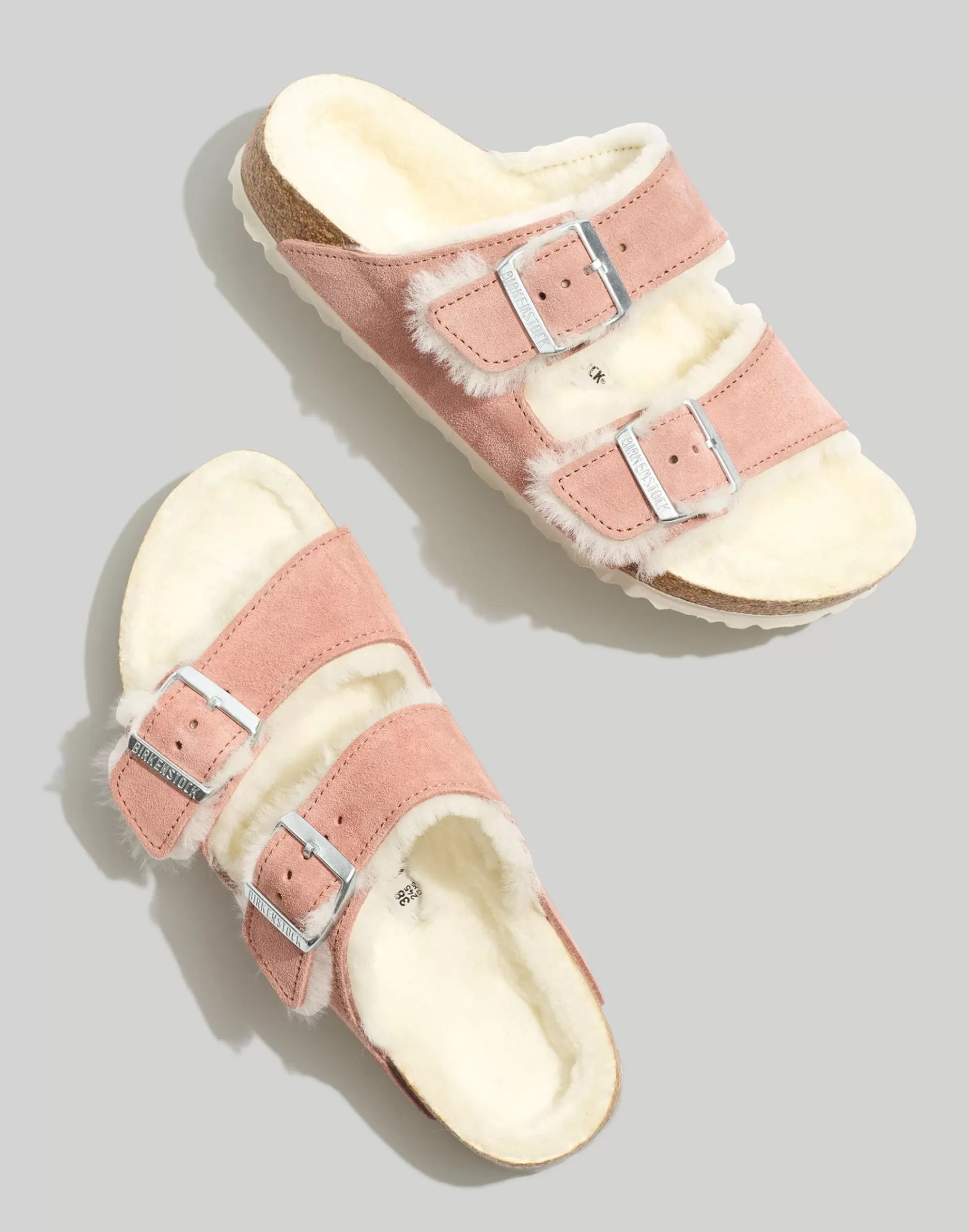 Madewell Flats>Suede Arizona Sandals In Shearling Pink Clay Suede