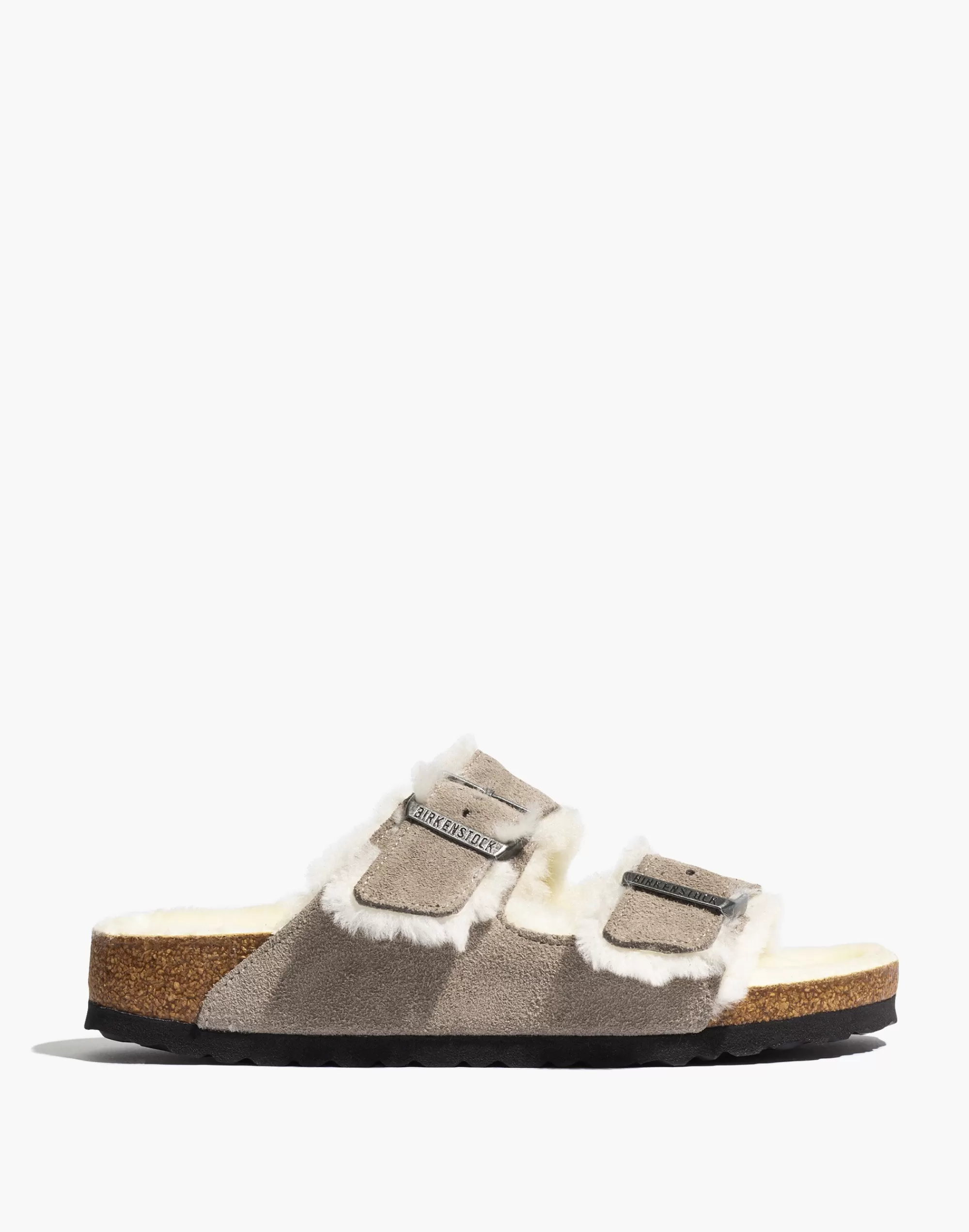 Madewell Flats>Suede Arizona Sandals In Shearling Stone Coin Suede/ Shearing