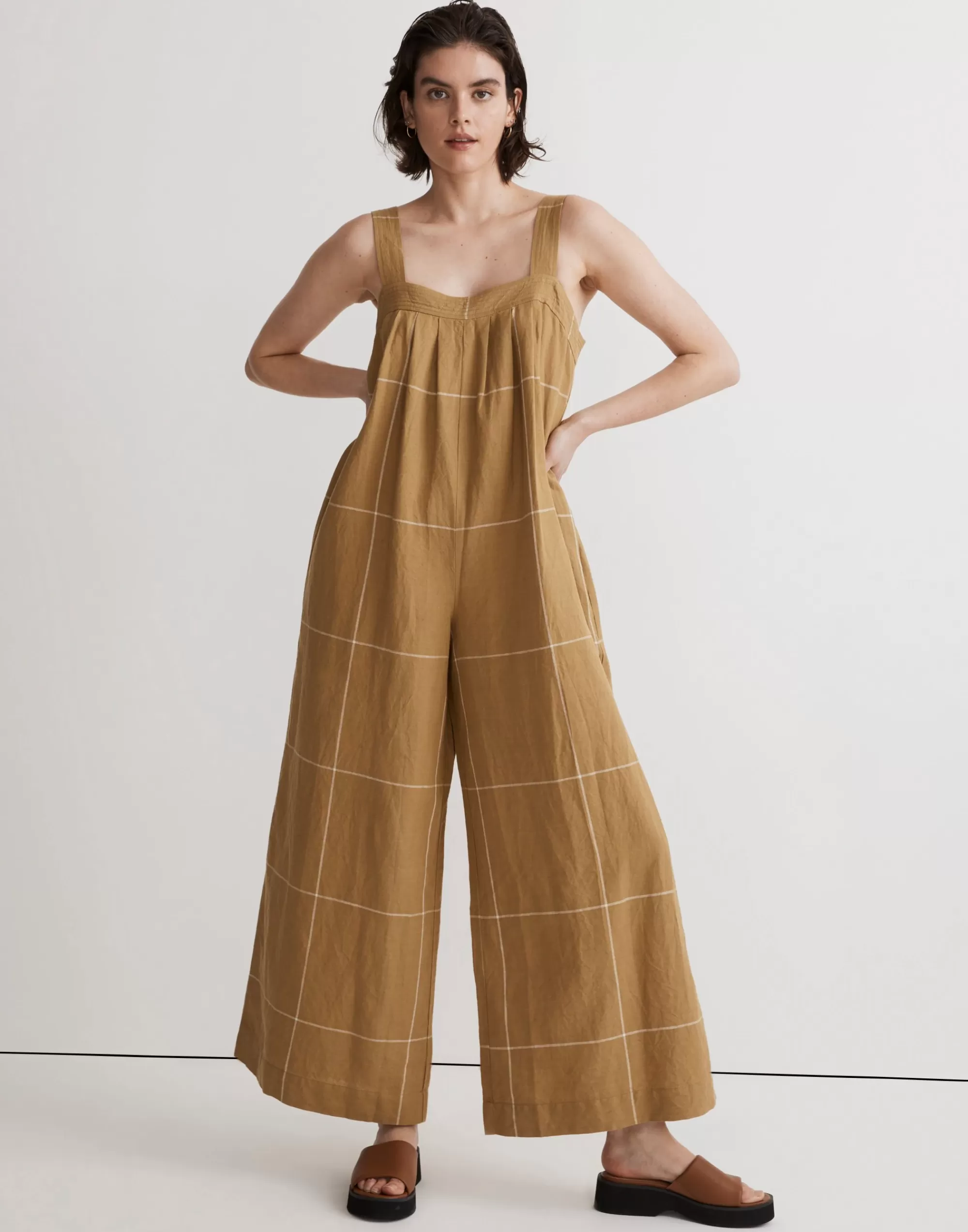 Madewell Dresses>Superwide-Leg Jumpsuit In Windowpane Olive Surplus