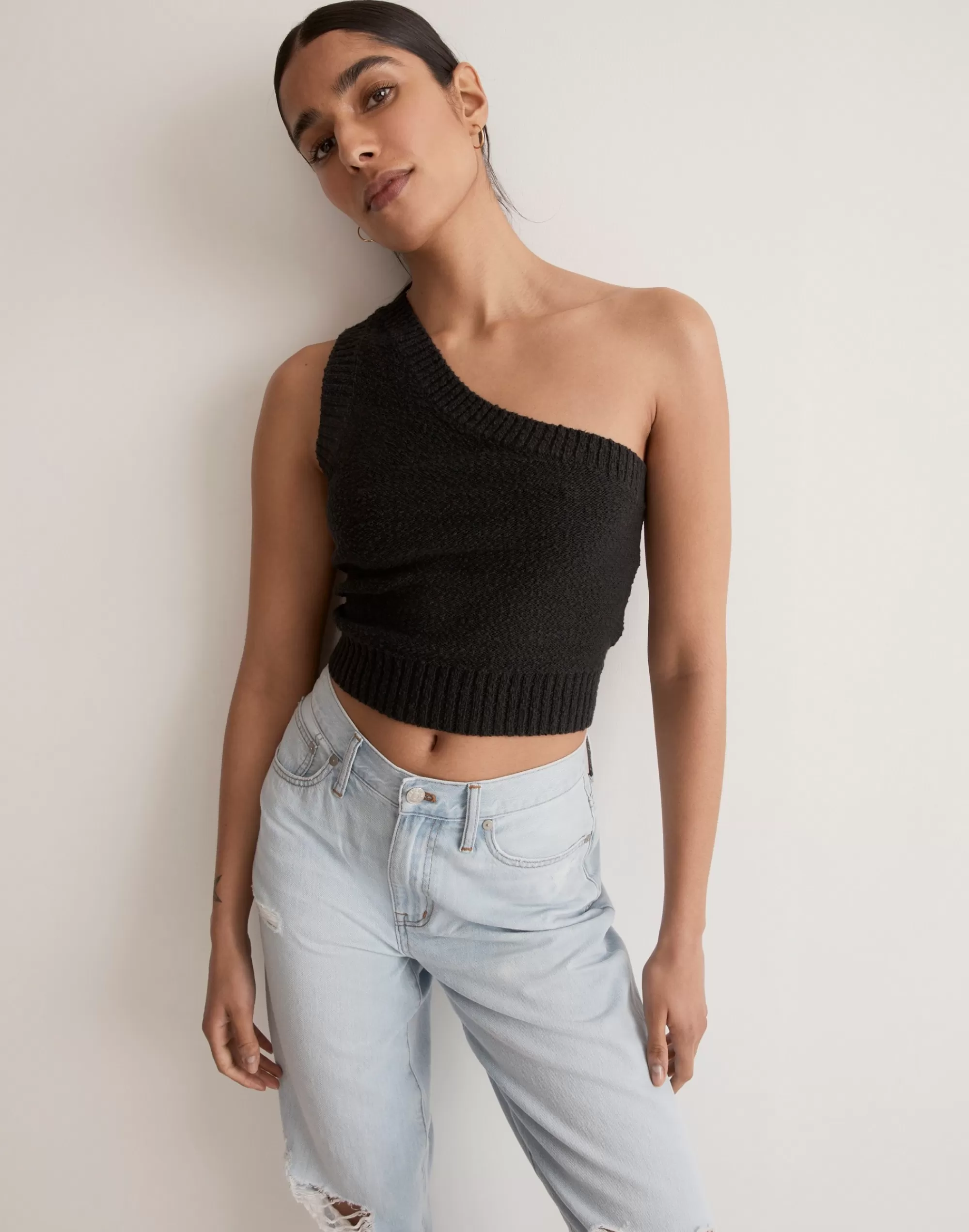 Madewell Sweaters>Textural-Knit One-Shoulder Sweater Tank True Black