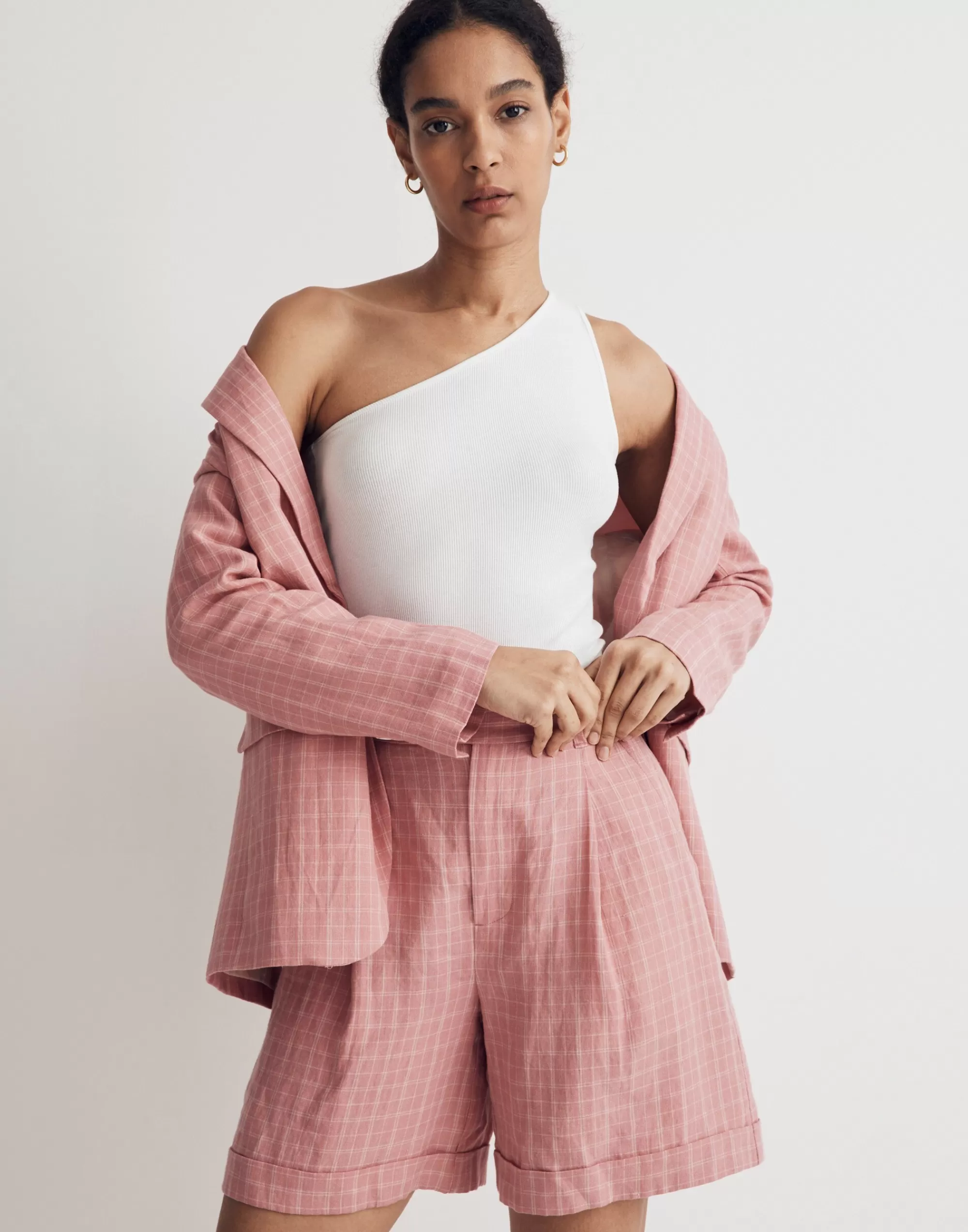 Madewell Suits>The Harlow Short In Checked 100% Linen Cafe Pink