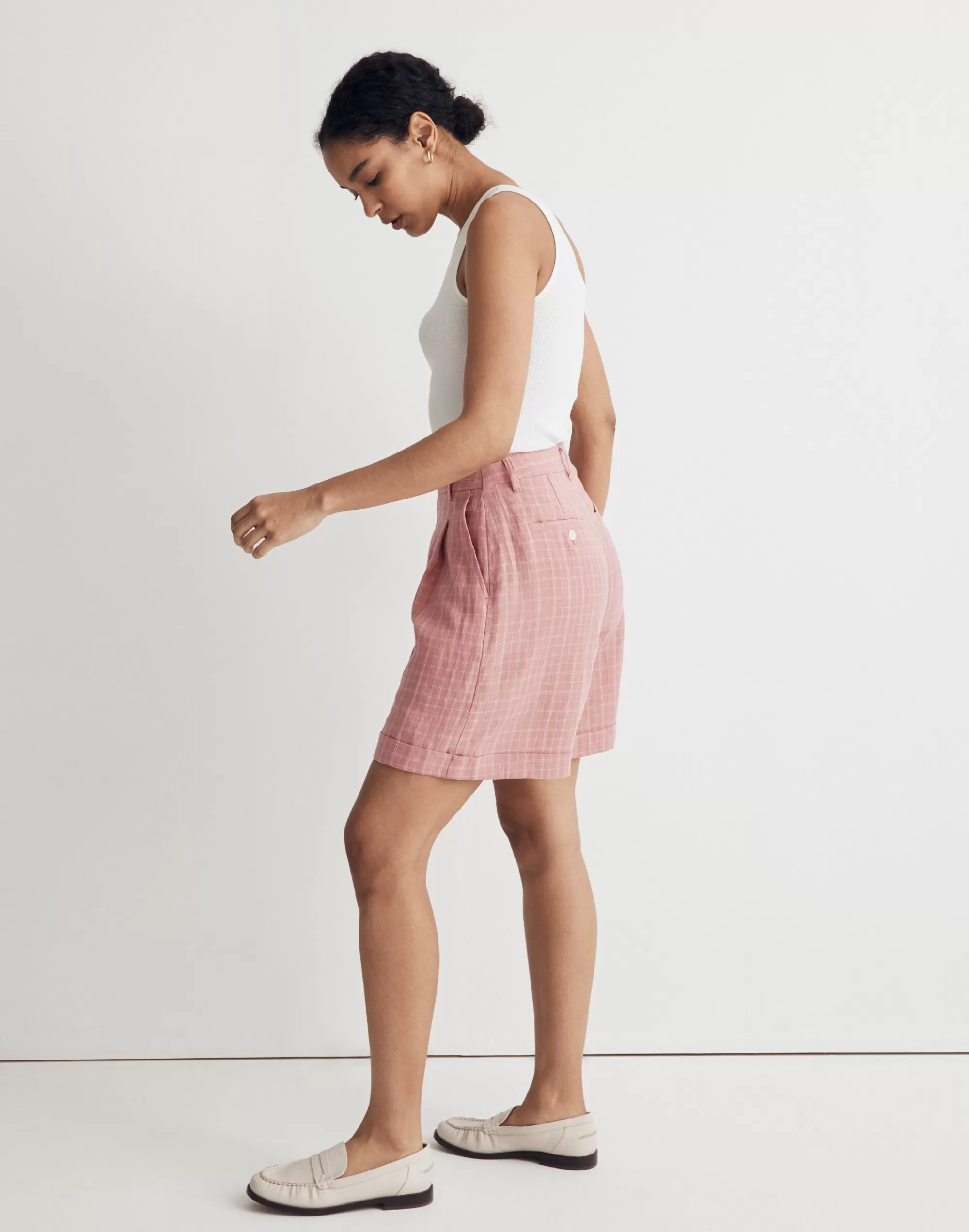 Madewell Shorts>The Harlow Short In Checked 100% Linen Cafe Pink