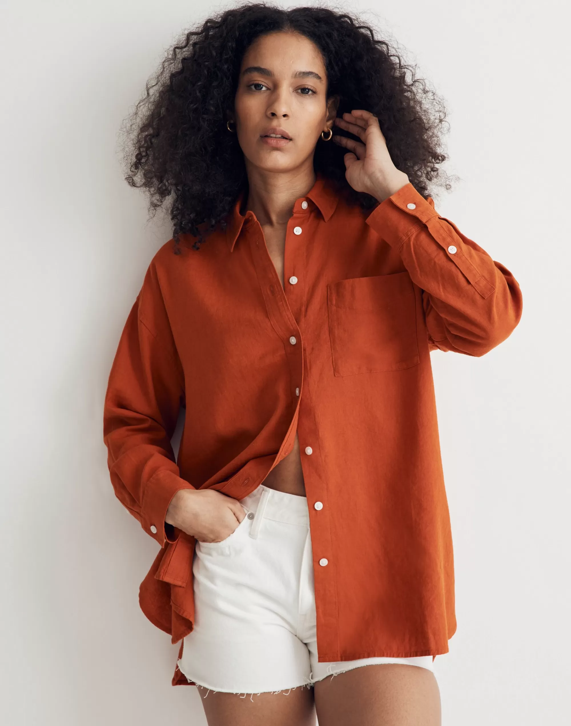 Madewell Tops & Shirts>The Linen-Blend Oversized Shirt Rusted Orange