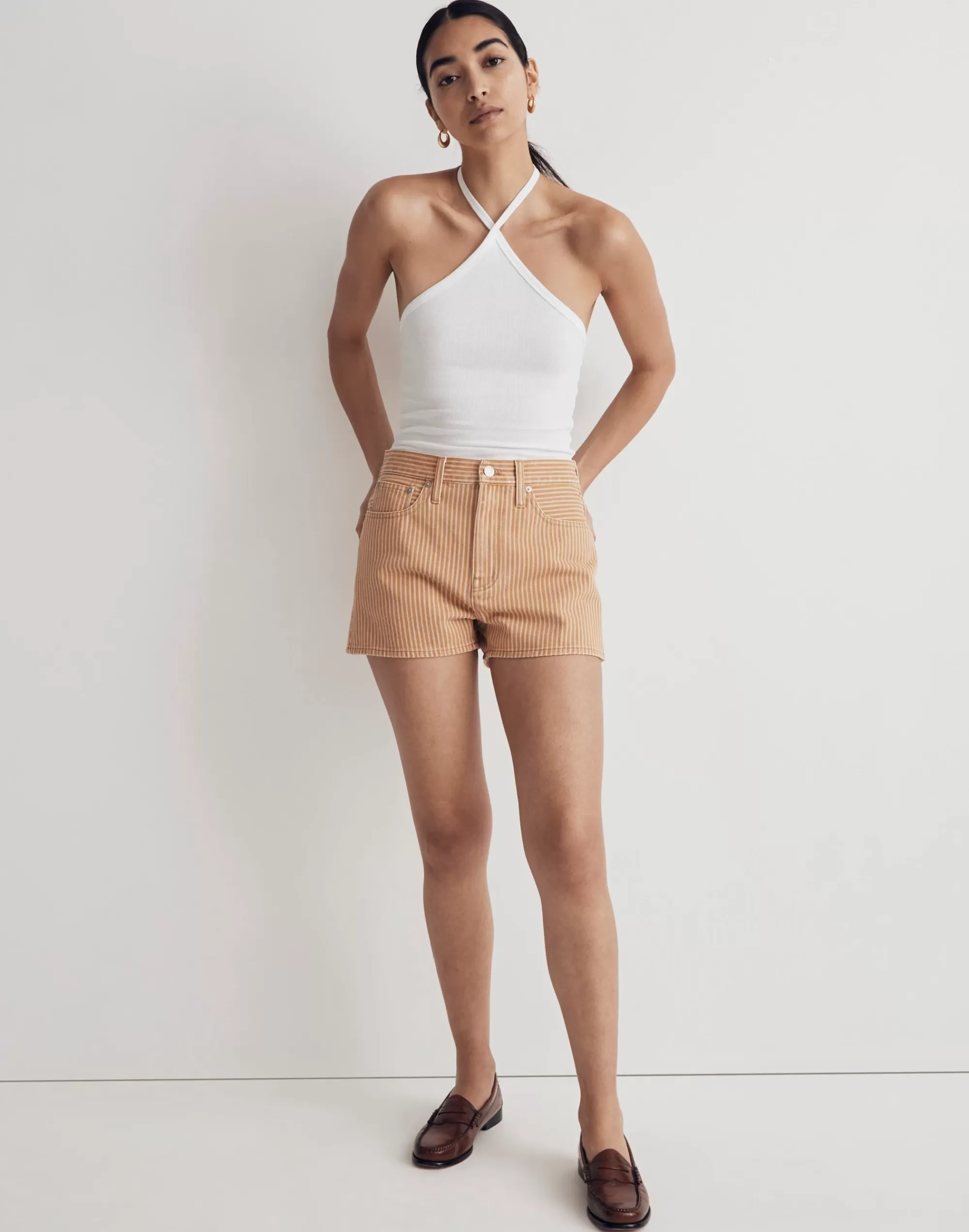 Madewell Perfect Jean Shorts>The Momjean Short In Stripe Earthen Gold