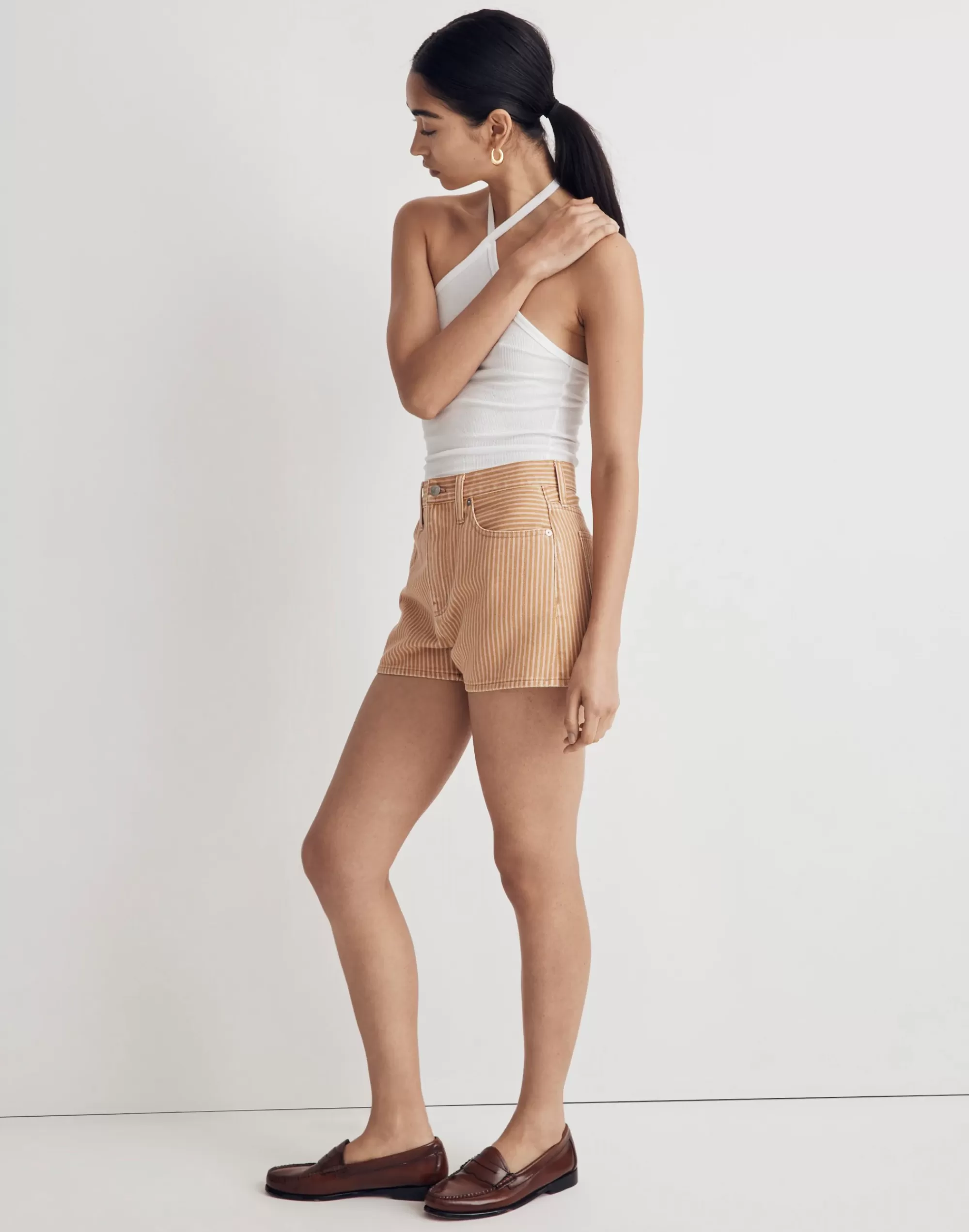 Madewell Perfect Jean Shorts>The Momjean Short In Stripe Earthen Gold