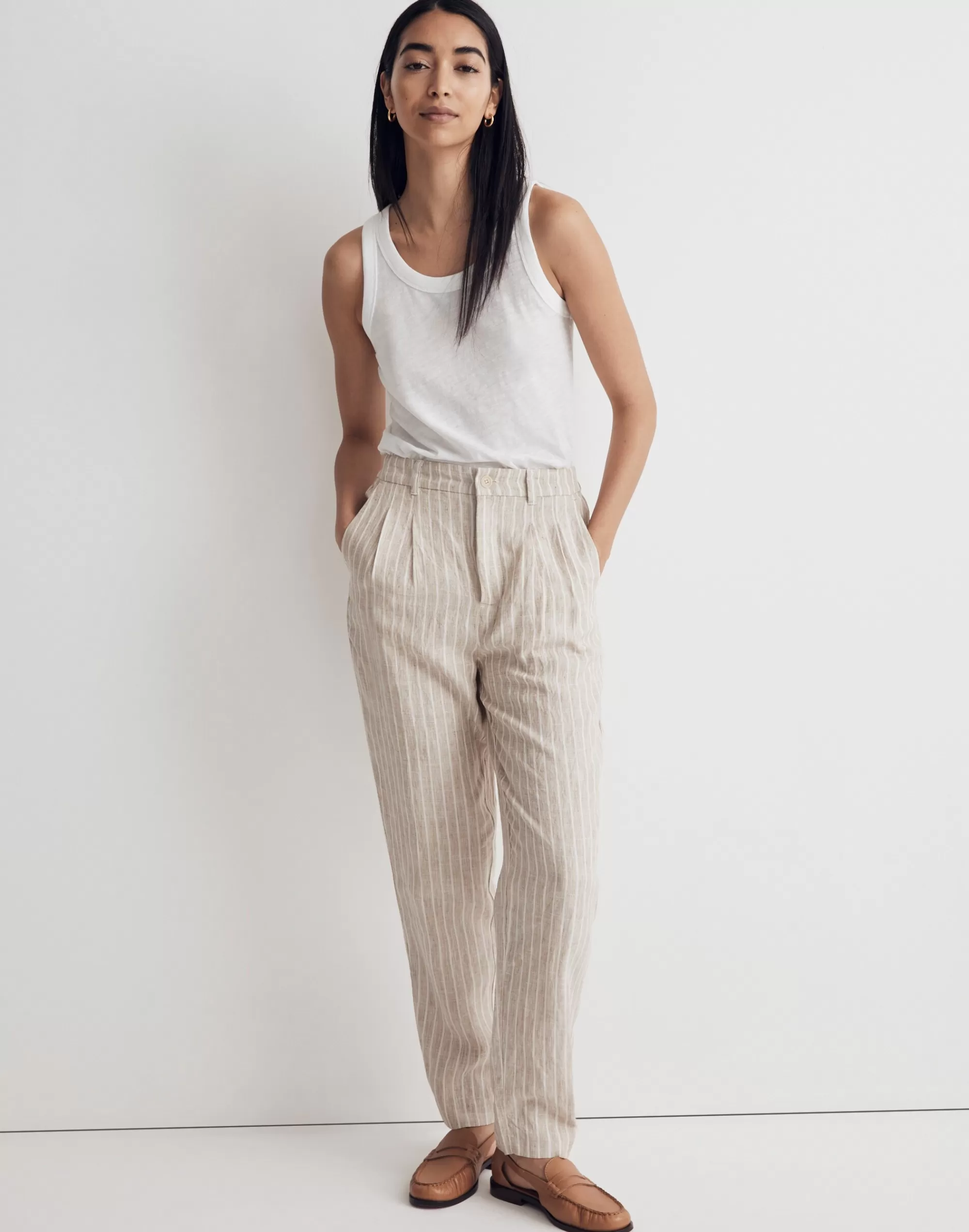 Madewell Pants>The Tailored Tapered Pant In Striped 100% Linen Olive Surplus