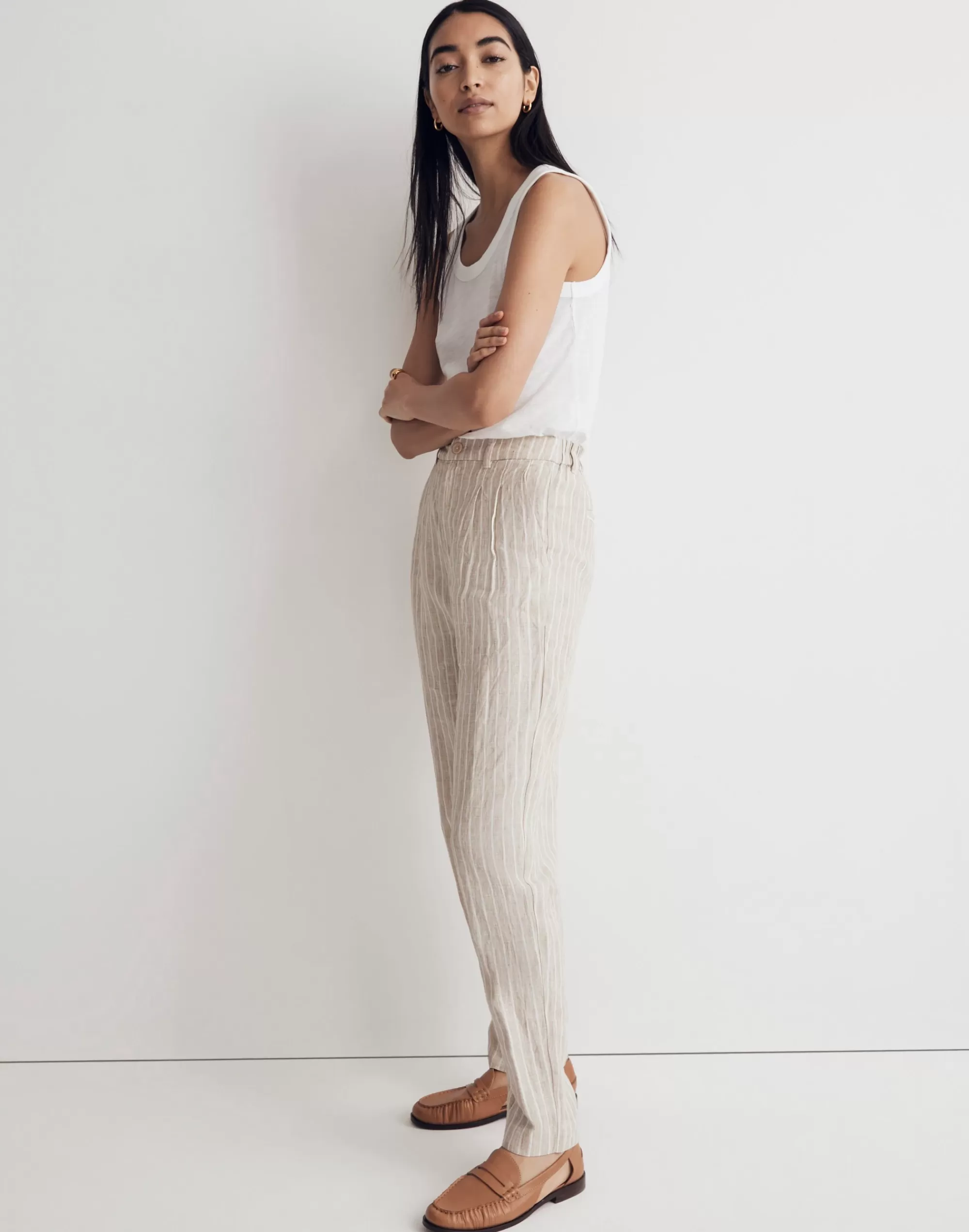 Madewell Pants>The Tailored Tapered Pant In Striped 100% Linen Olive Surplus