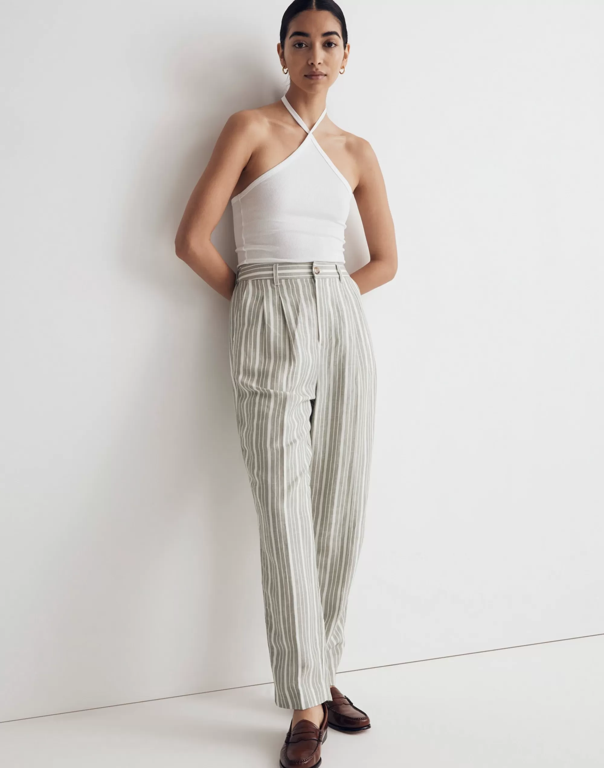 Madewell Pants>The Tailored Tapered Pant In Striped Linen-Blend Dried Aloe