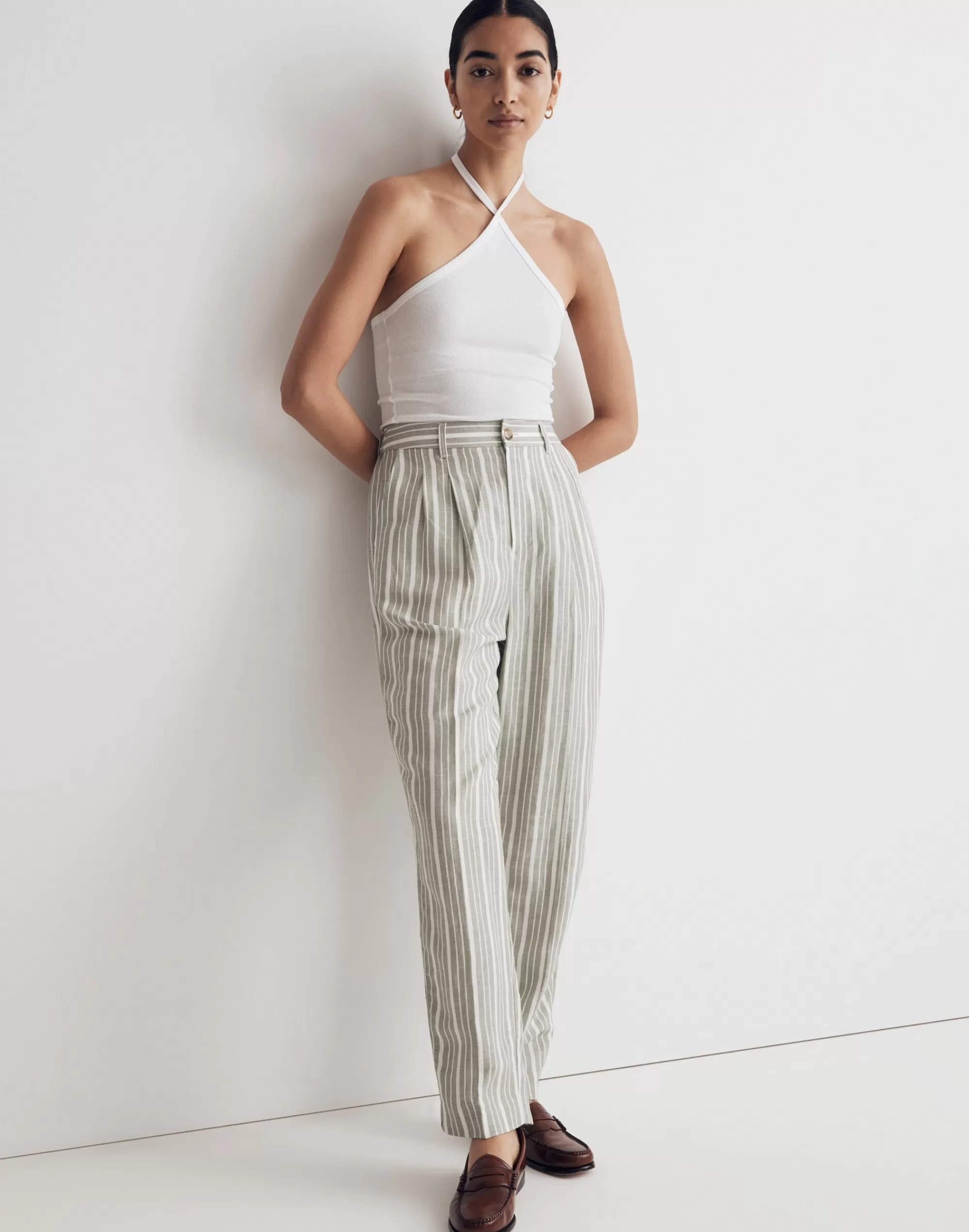 Madewell Suits>The Tailored Tapered Pant In Striped Linen-Blend Dried Aloe