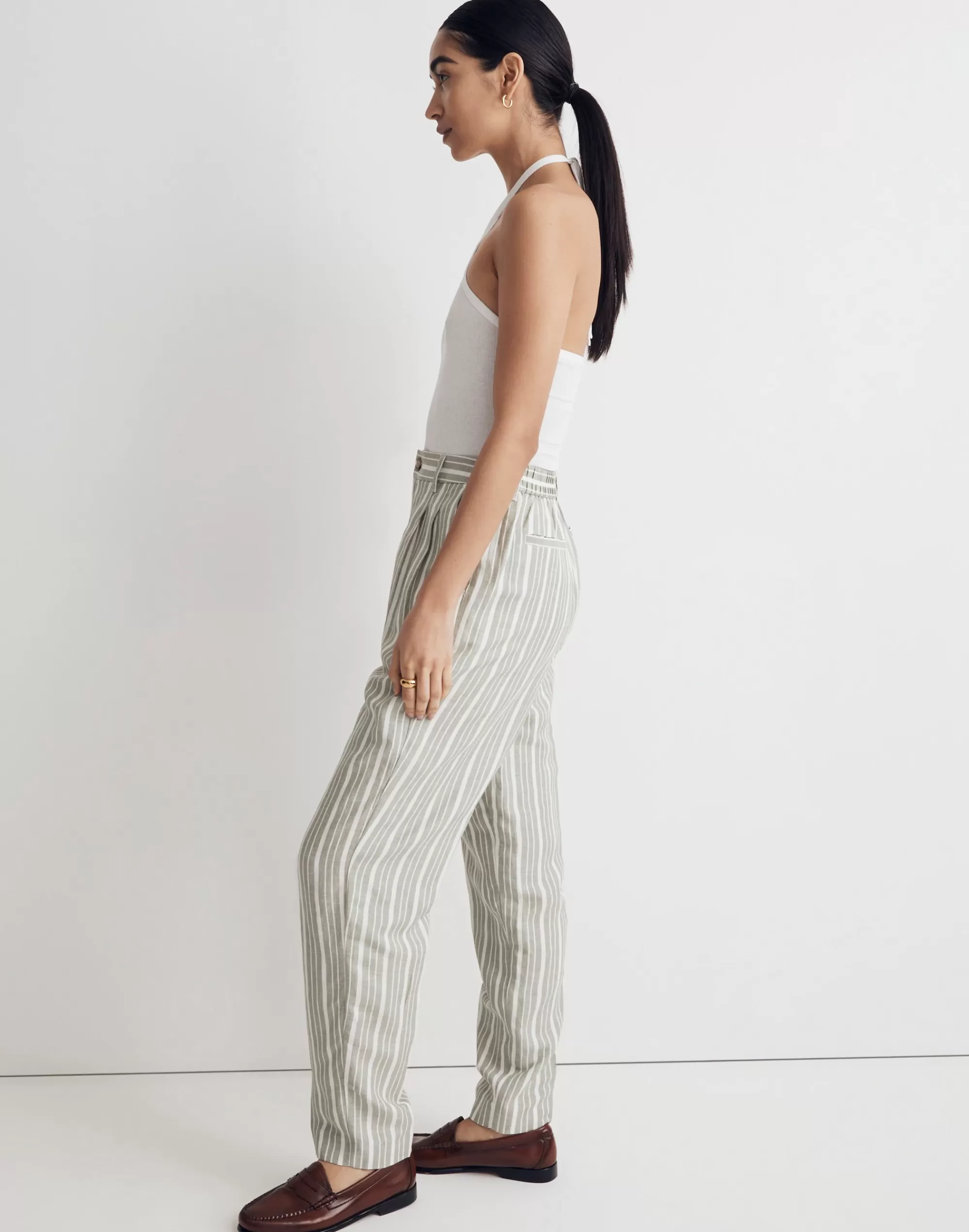 Madewell Pants>The Tailored Tapered Pant In Striped Linen-Blend Dried Aloe