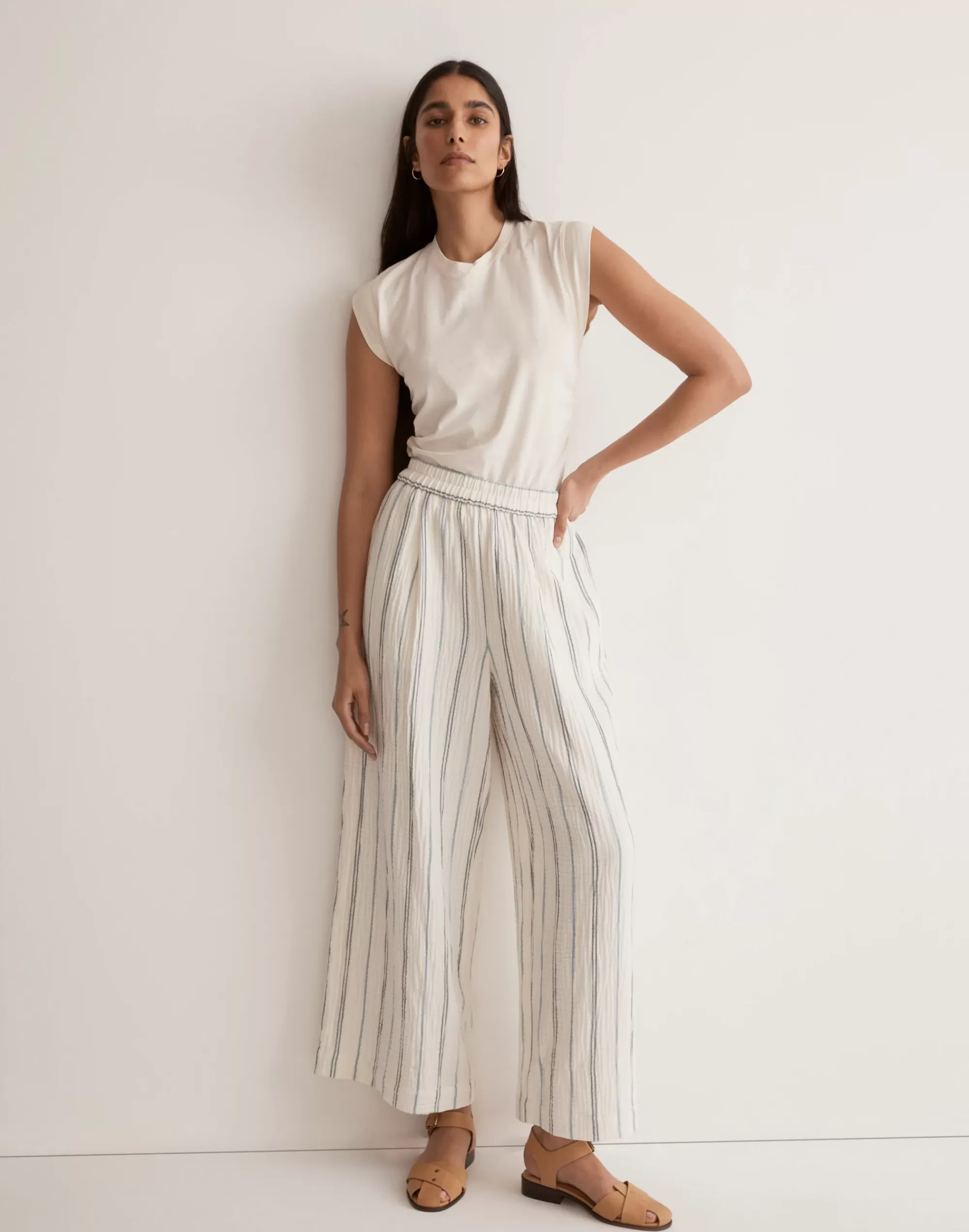 Madewell Pants>The Untailored Wide-Leg Crop Pant In Striped Lightspun Ocean