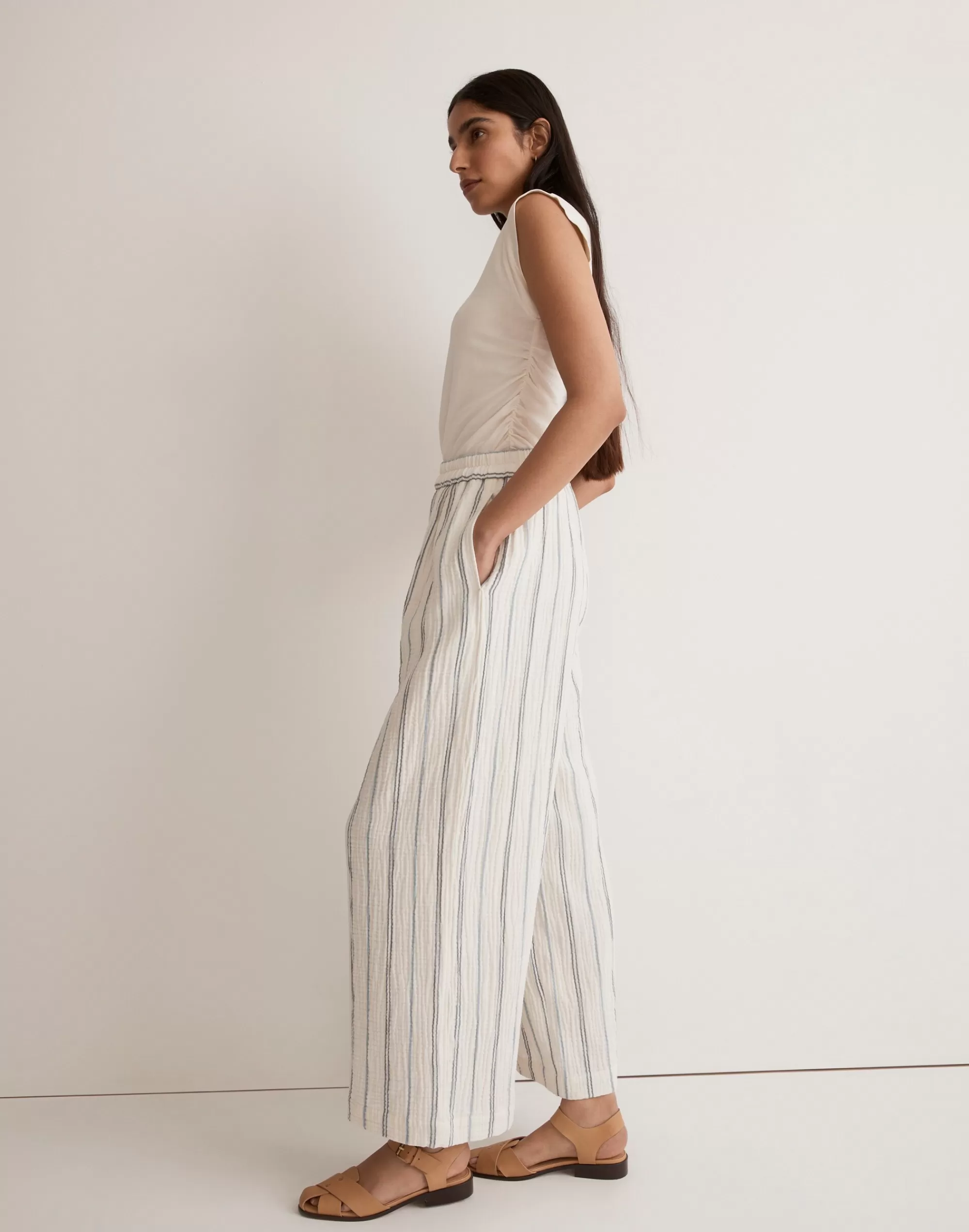 Madewell Swim>The Untailored Wide-Leg Crop Pant In Striped Lightspun Ocean