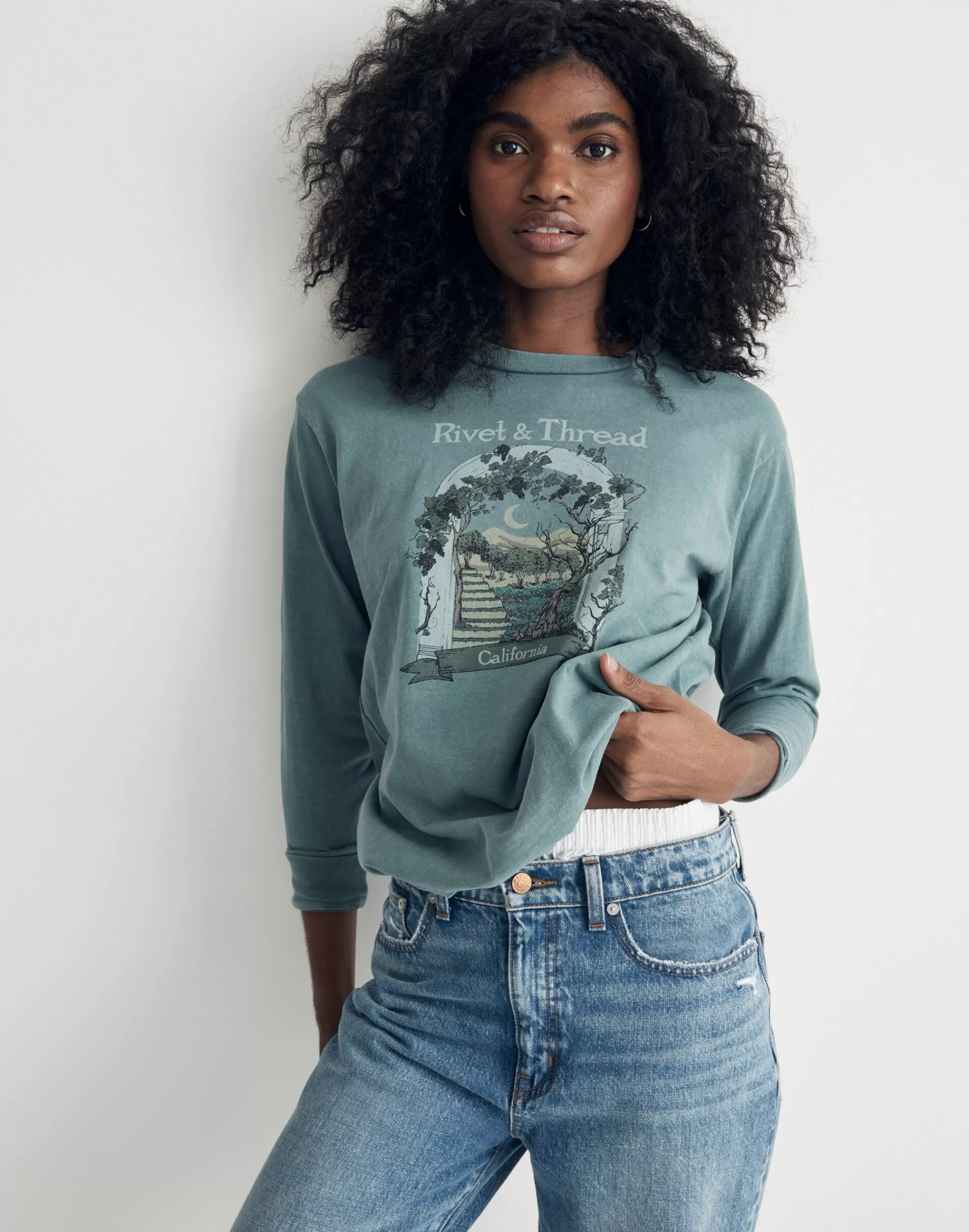 Madewell Tees>Thread Graphic Long-Sleeve Tee Steely Ocean