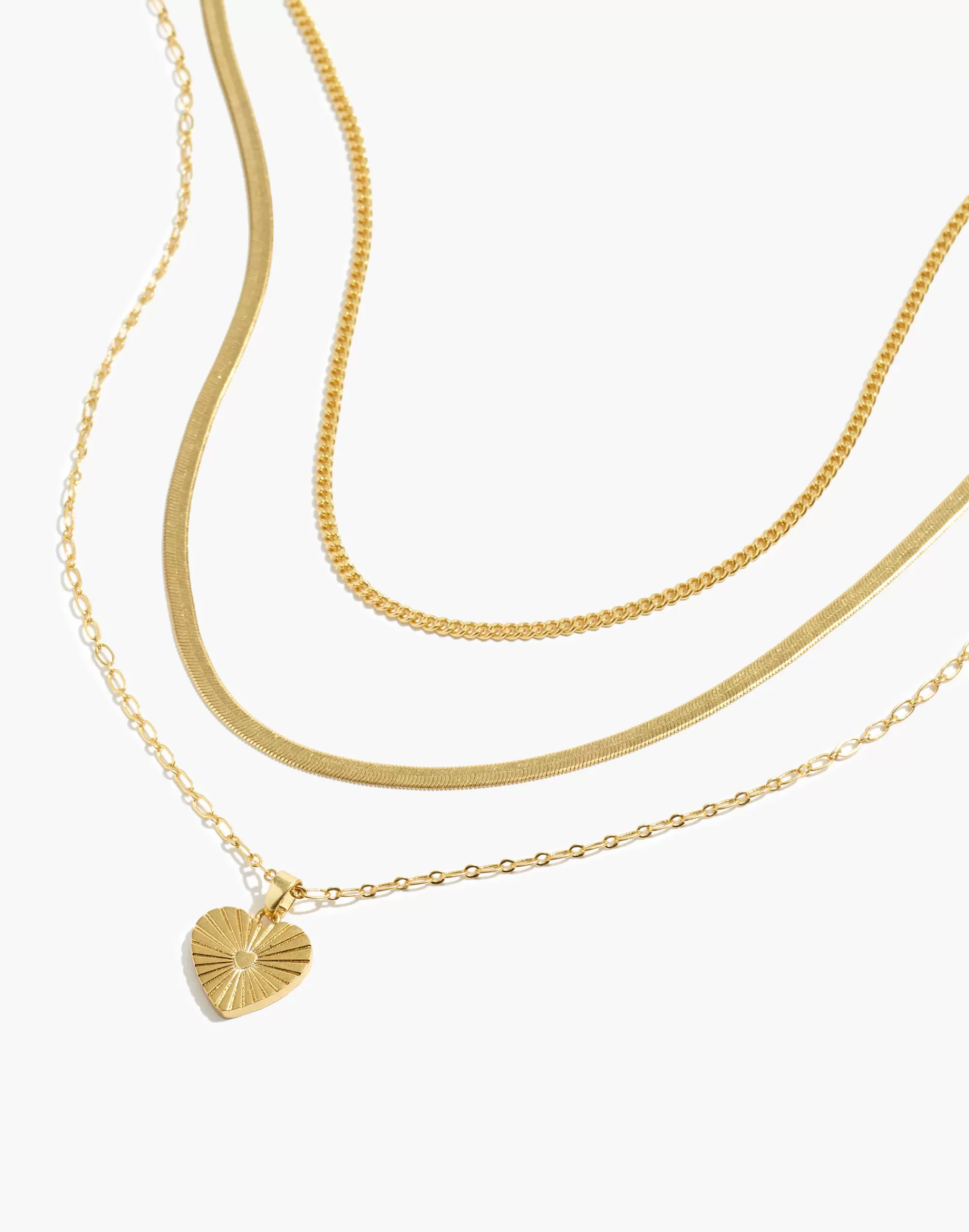 Madewell Necklaces>Three-Piece Etched Heart Necklace Set Vintage Gold